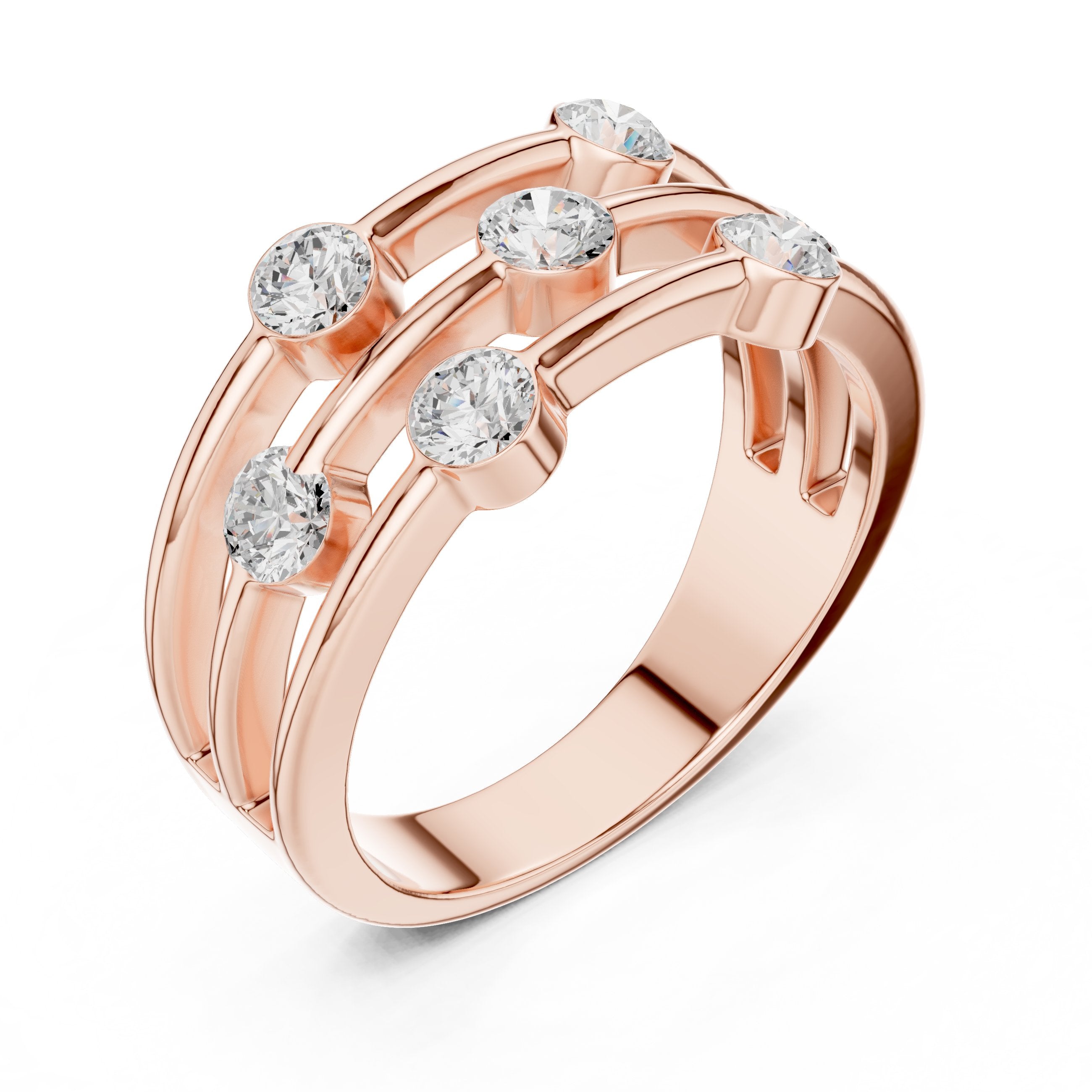 Round Diamond Triple Bar Studded Anniversary Band in Rose Gold - VYKA Diamonds