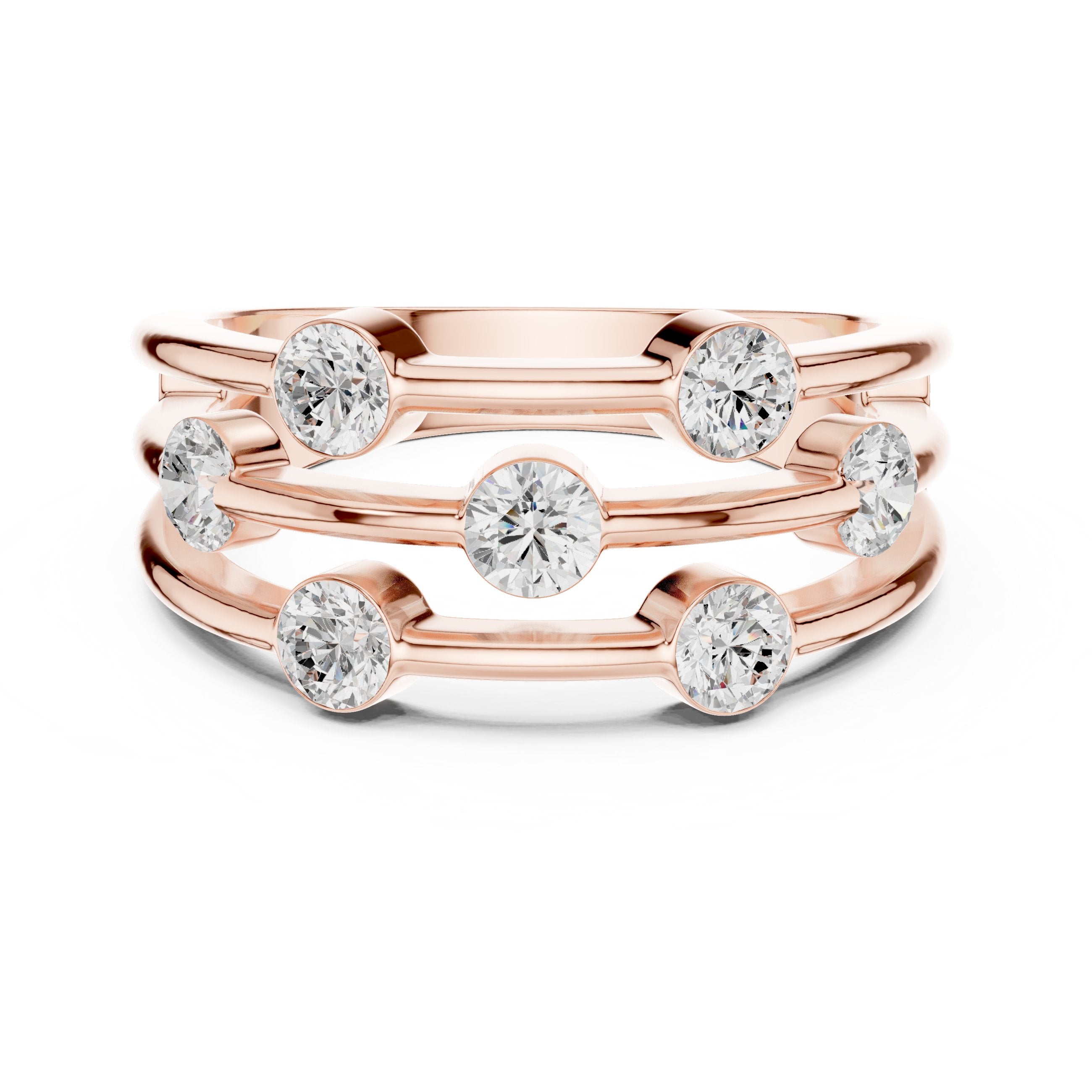 Round Diamond Triple Bar Studded Anniversary Band in Rose Gold - VYKA Diamonds