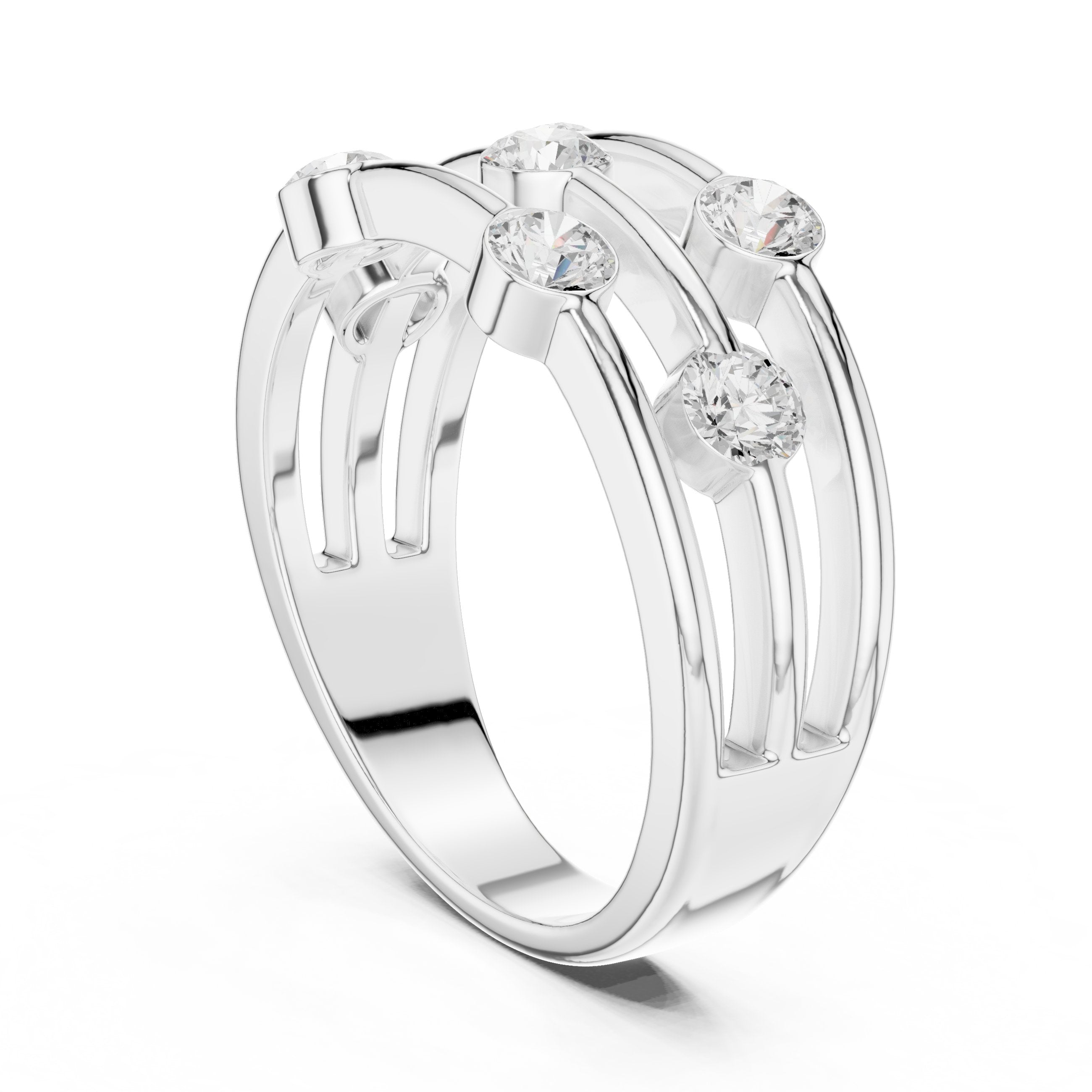 Round Diamond Triple Bar Studded Anniversary Band in White Gold - VYKA Diamonds