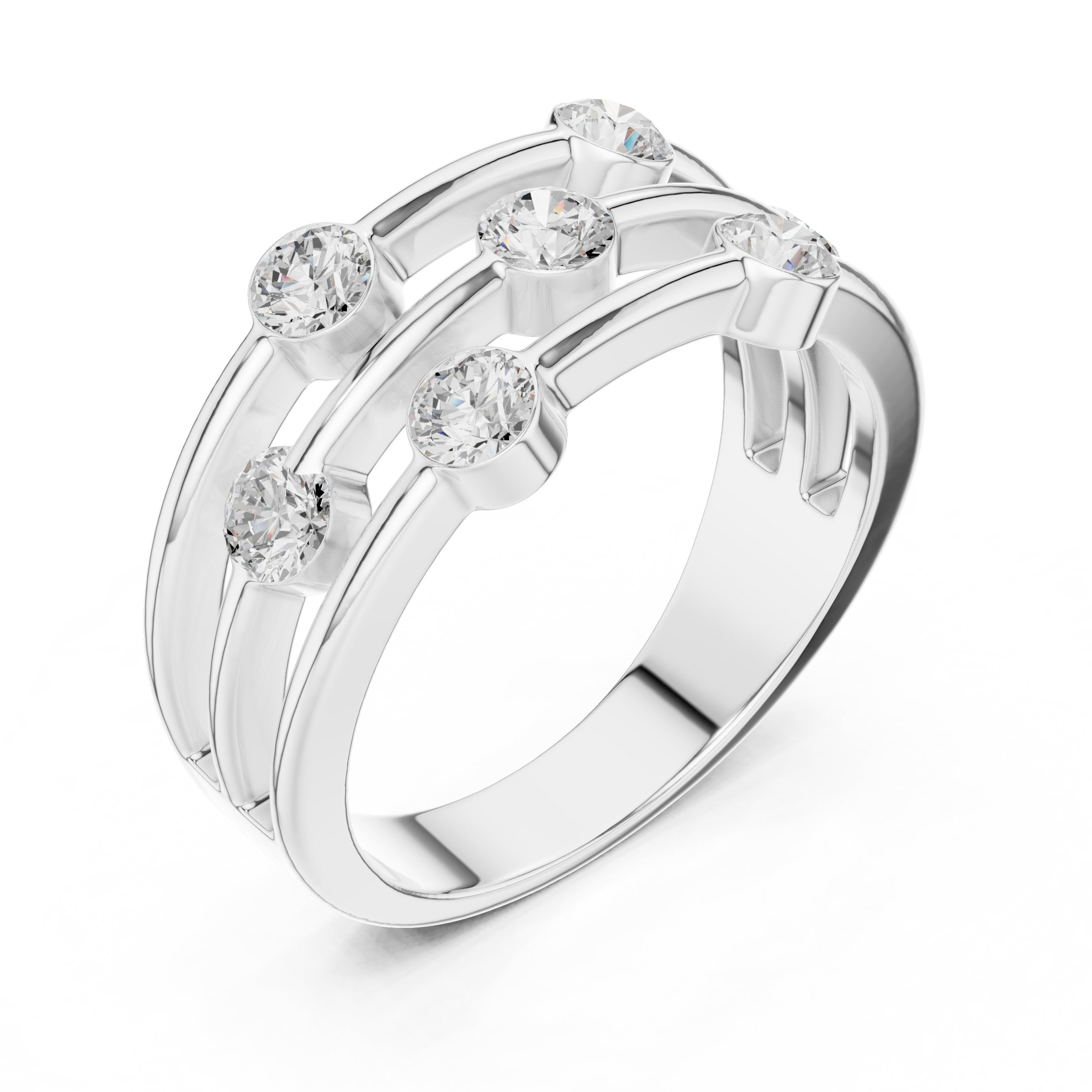 Round Diamond Triple Bar Studded Anniversary Band in White Gold - VYKA Diamonds