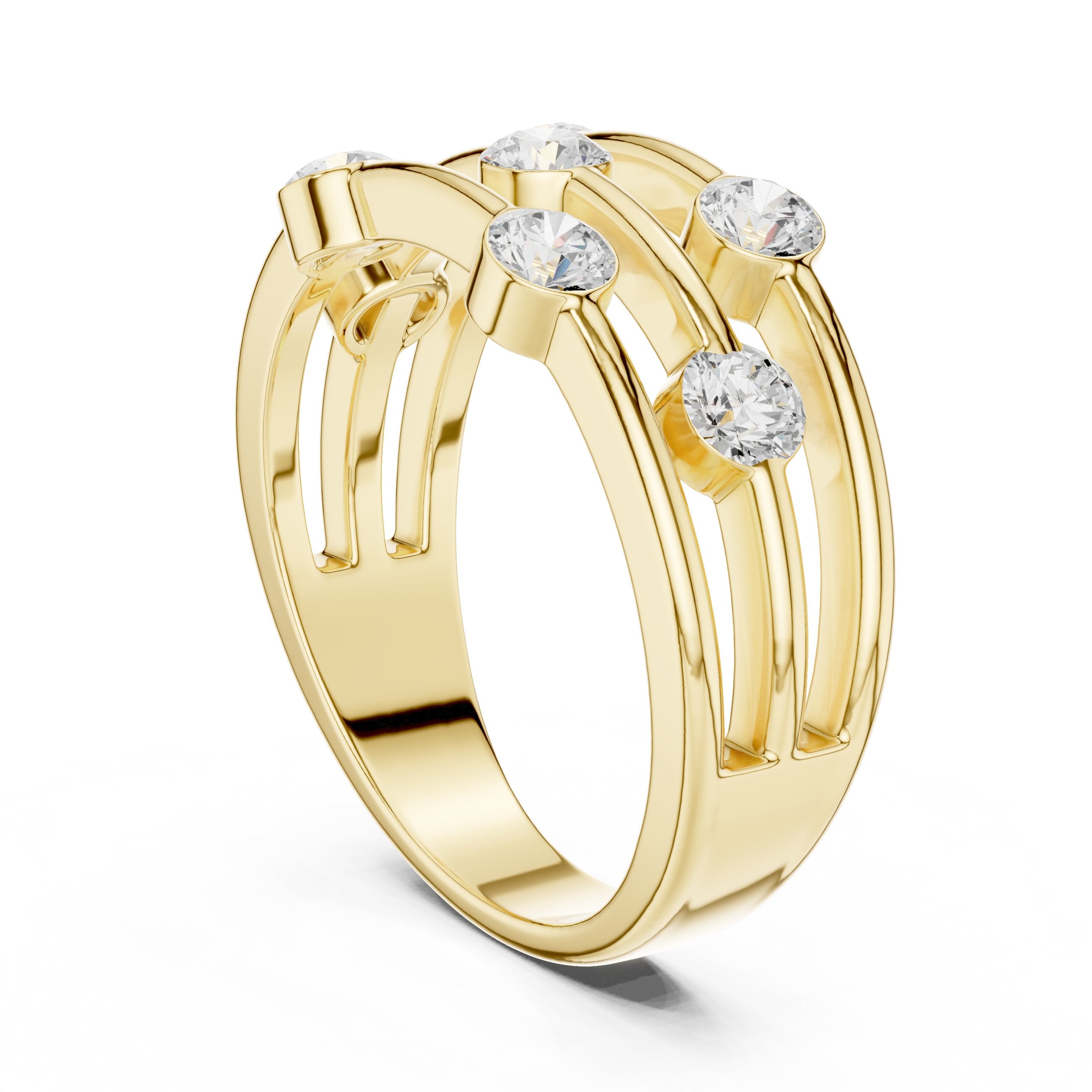 Round Diamond Triple Bar Studded Anniversary Band in Yellow Gold - VYKA Diamonds