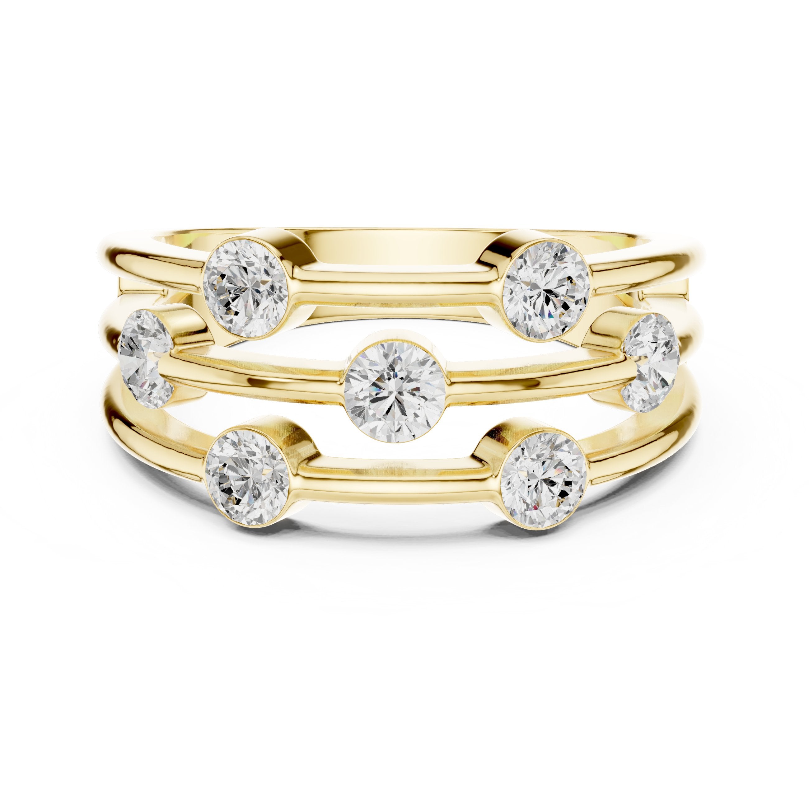 Round Diamond Triple Bar Studded Anniversary Band in Yellow Gold - VYKA Diamonds