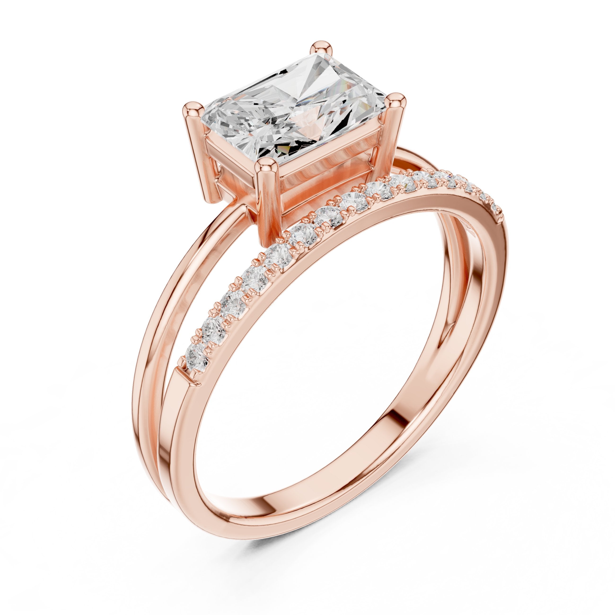 Radiant Cut Engagement Ring with Split Shank Pavé Band in Rose Gold - VYKA Diamonds