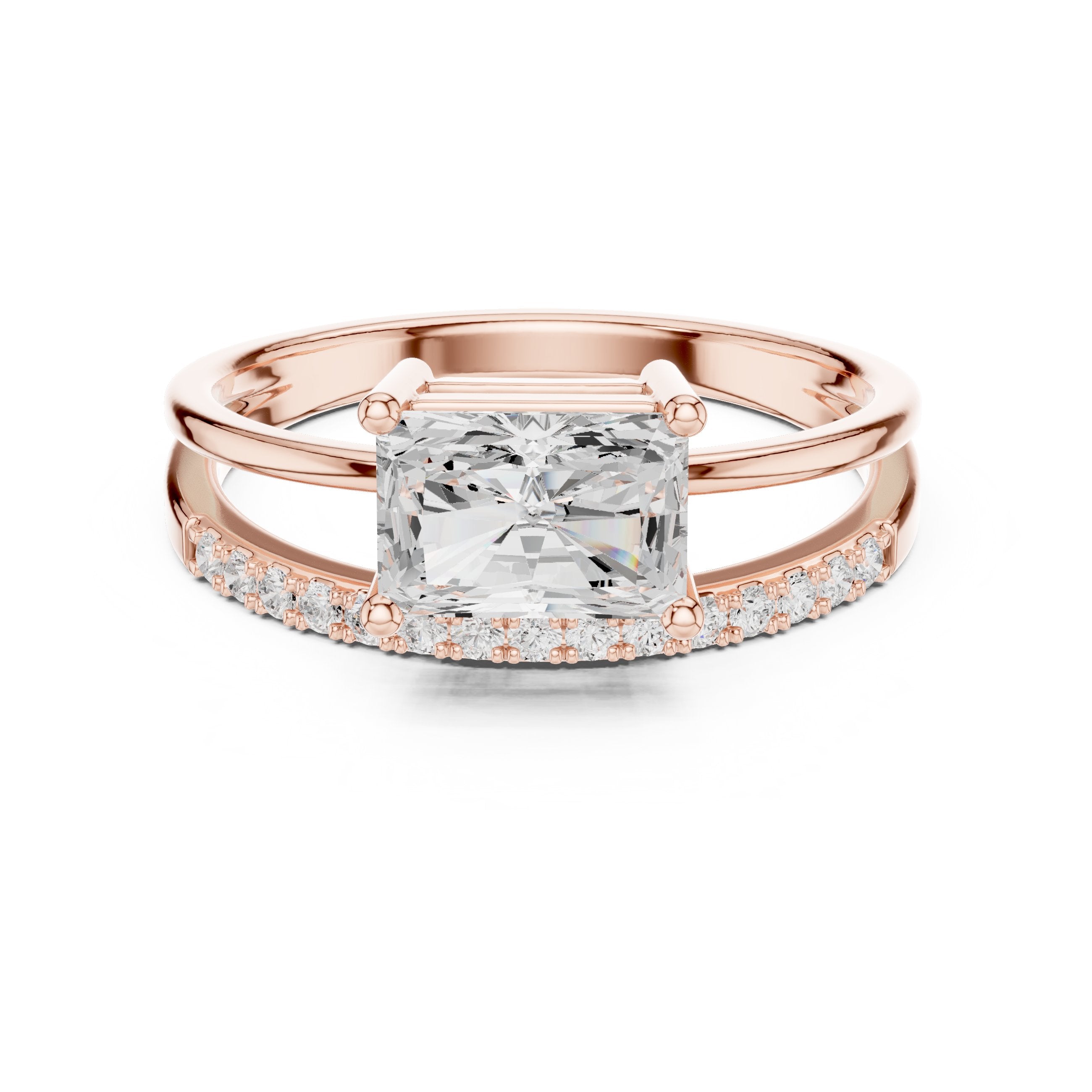 Radiant Cut Engagement Ring with Split Shank Pavé Band in Rose Gold - VYKA Diamonds