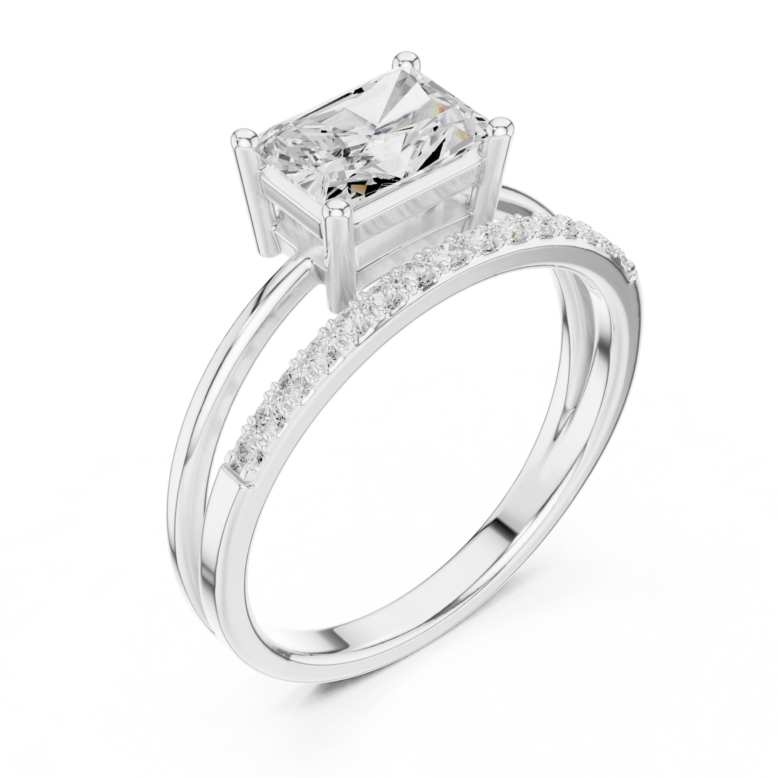 Radiant Cut Engagement Ring with Split Shank Pavé Band in White Gold - VYKA Diamonds