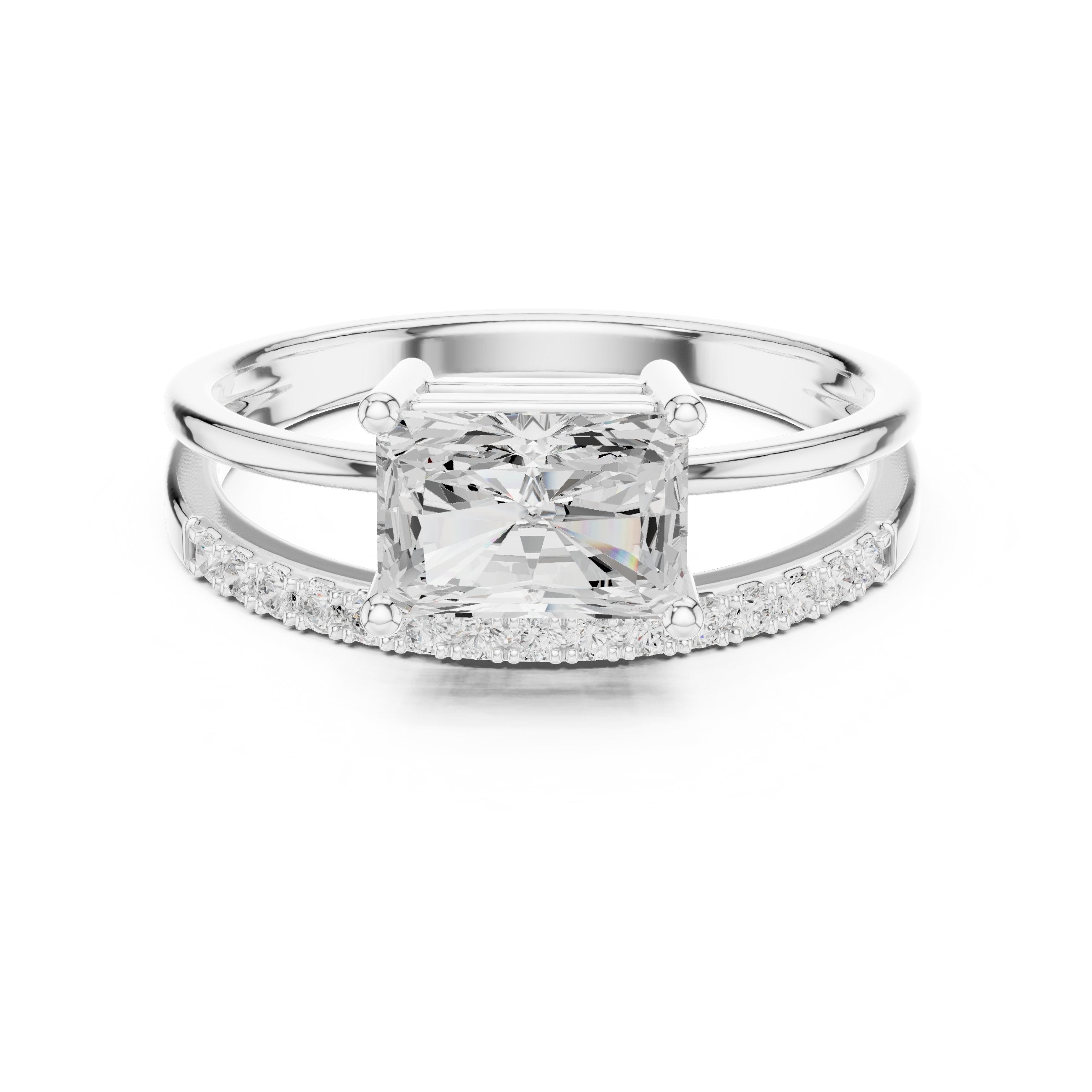 Radiant Cut Engagement Ring with Split Shank Pavé Band in White Gold - VYKA Diamonds