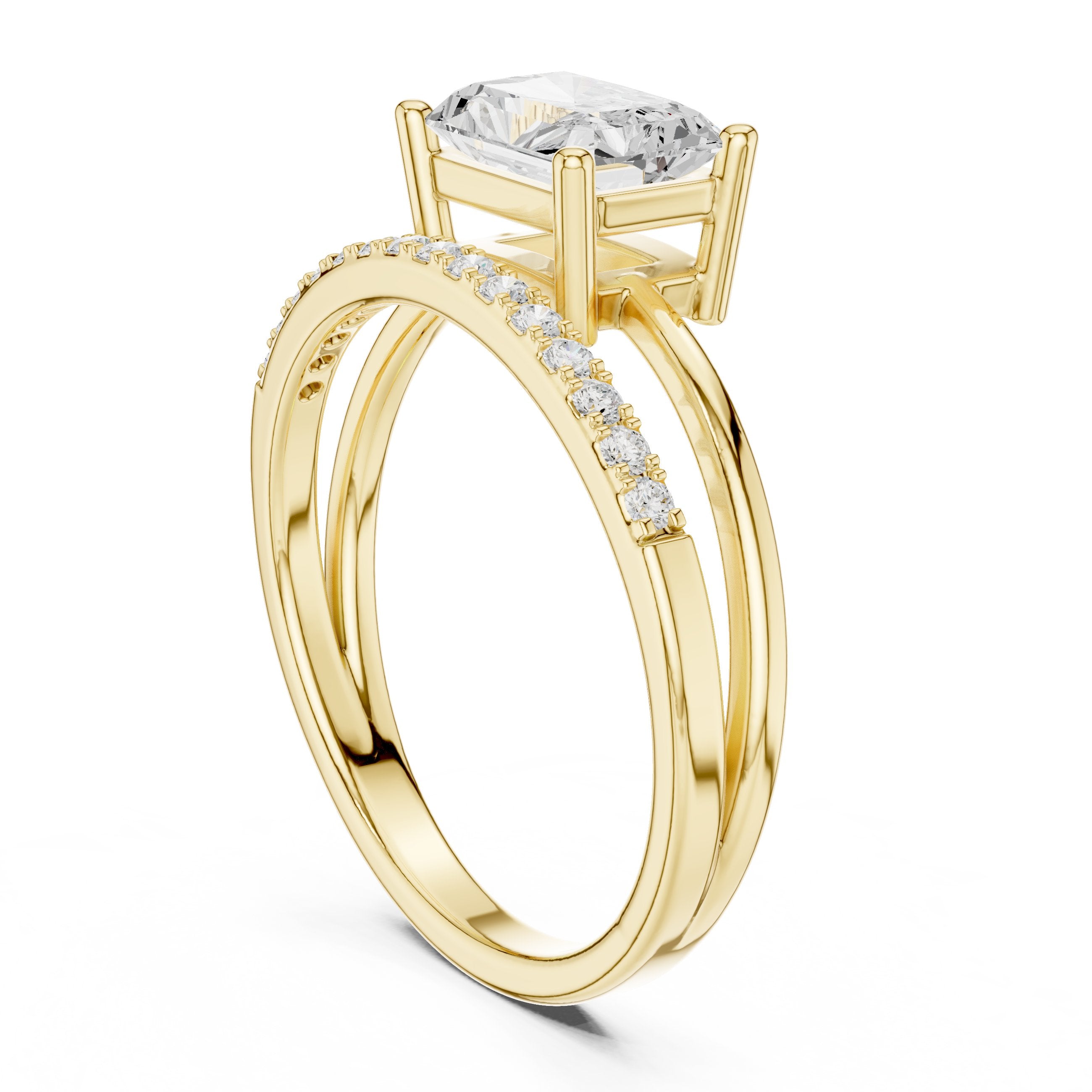 Radiant Cut Engagement Ring with Split Shank Pavé Band in Yellow Gold - VYKA Diamonds