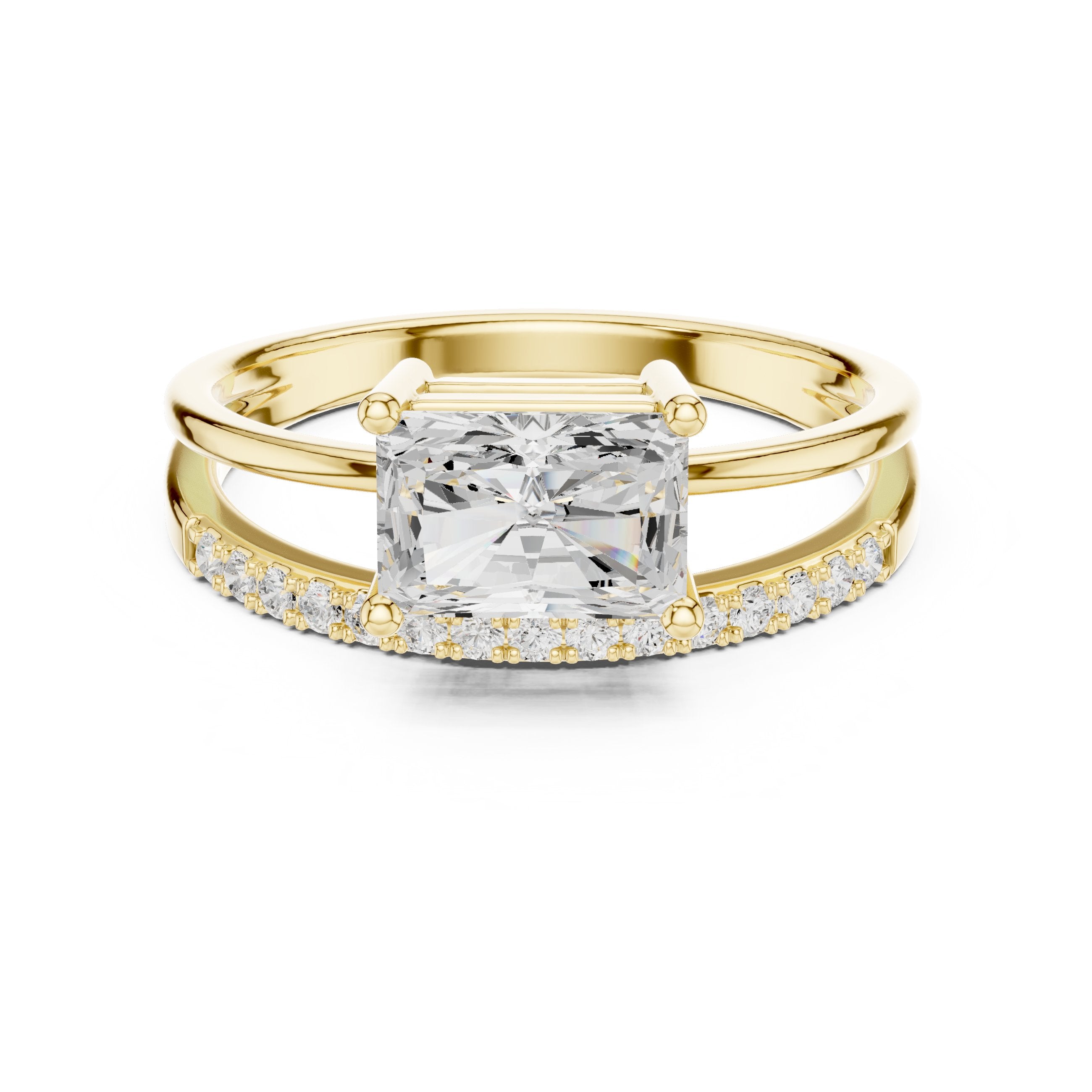 Radiant Cut Engagement Ring with Split Shank Pavé Band in Yellow Gold - VYKA Diamonds