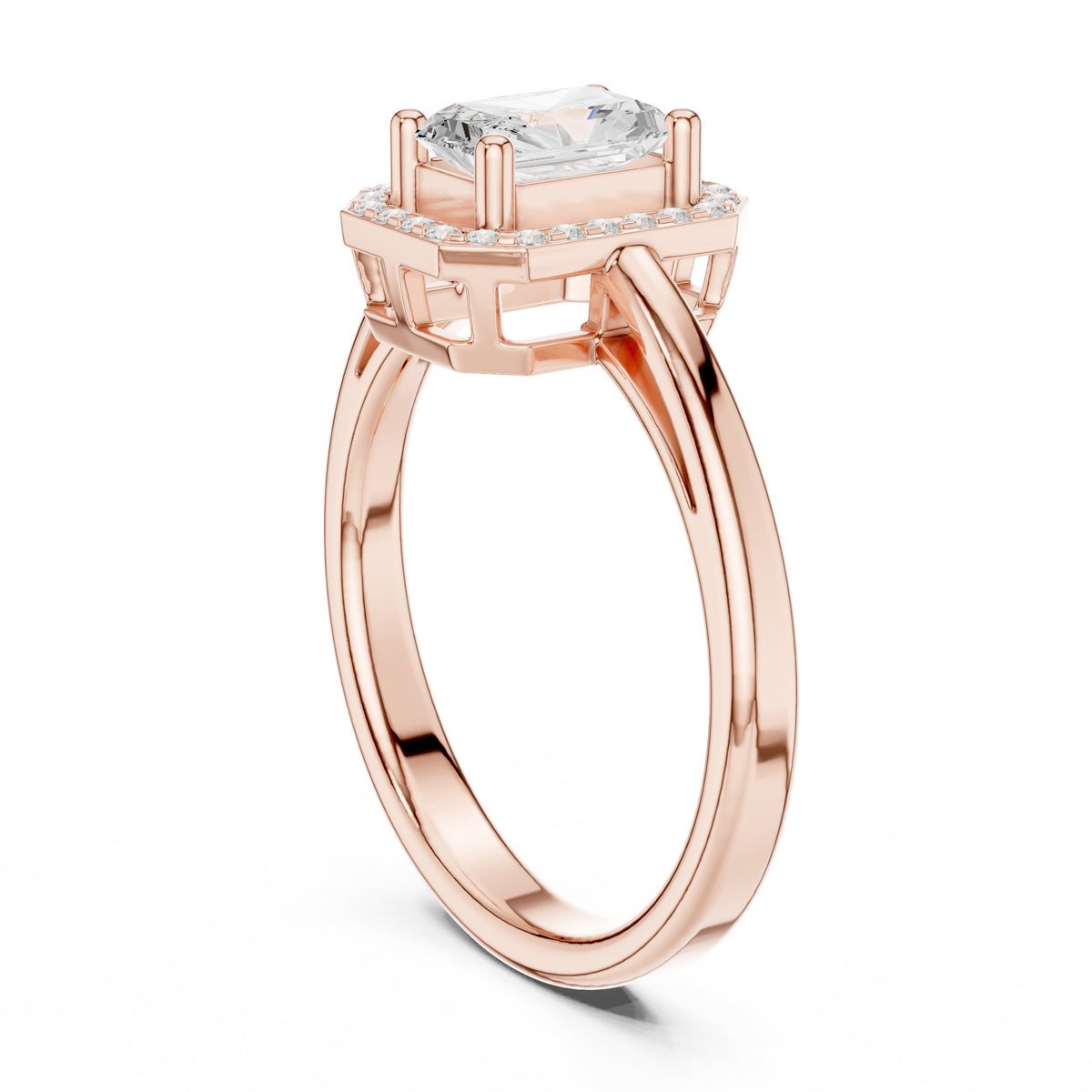 Radiant Cut Halo Engagement Ring with Open Split Shank