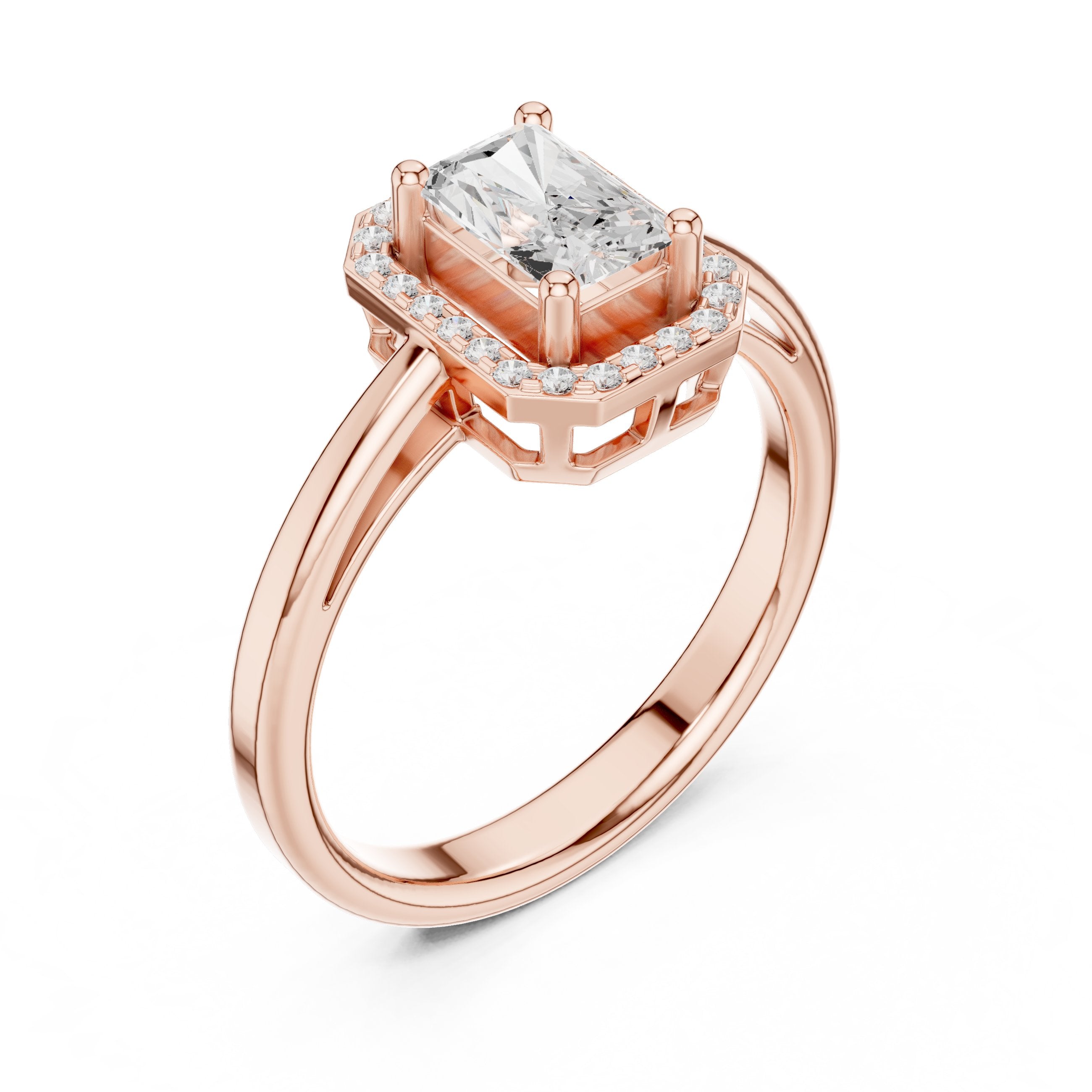 Radiant Cut Halo Engagement Ring with Open Split Shank in Rose Gold - VYKA Diamonds