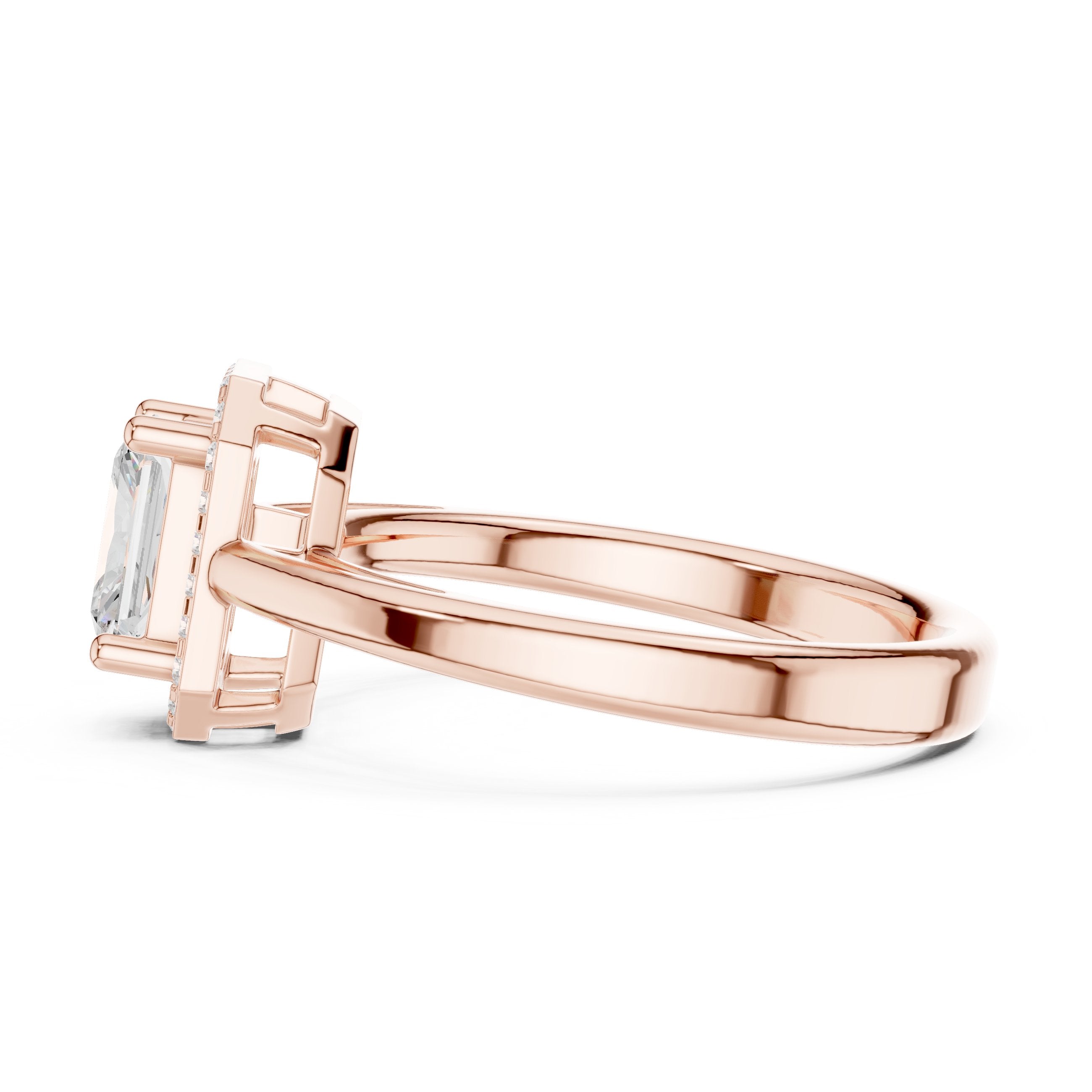 Radiant Cut Halo Engagement Ring with Open Split Shank in Rose Gold - VYKA Diamonds