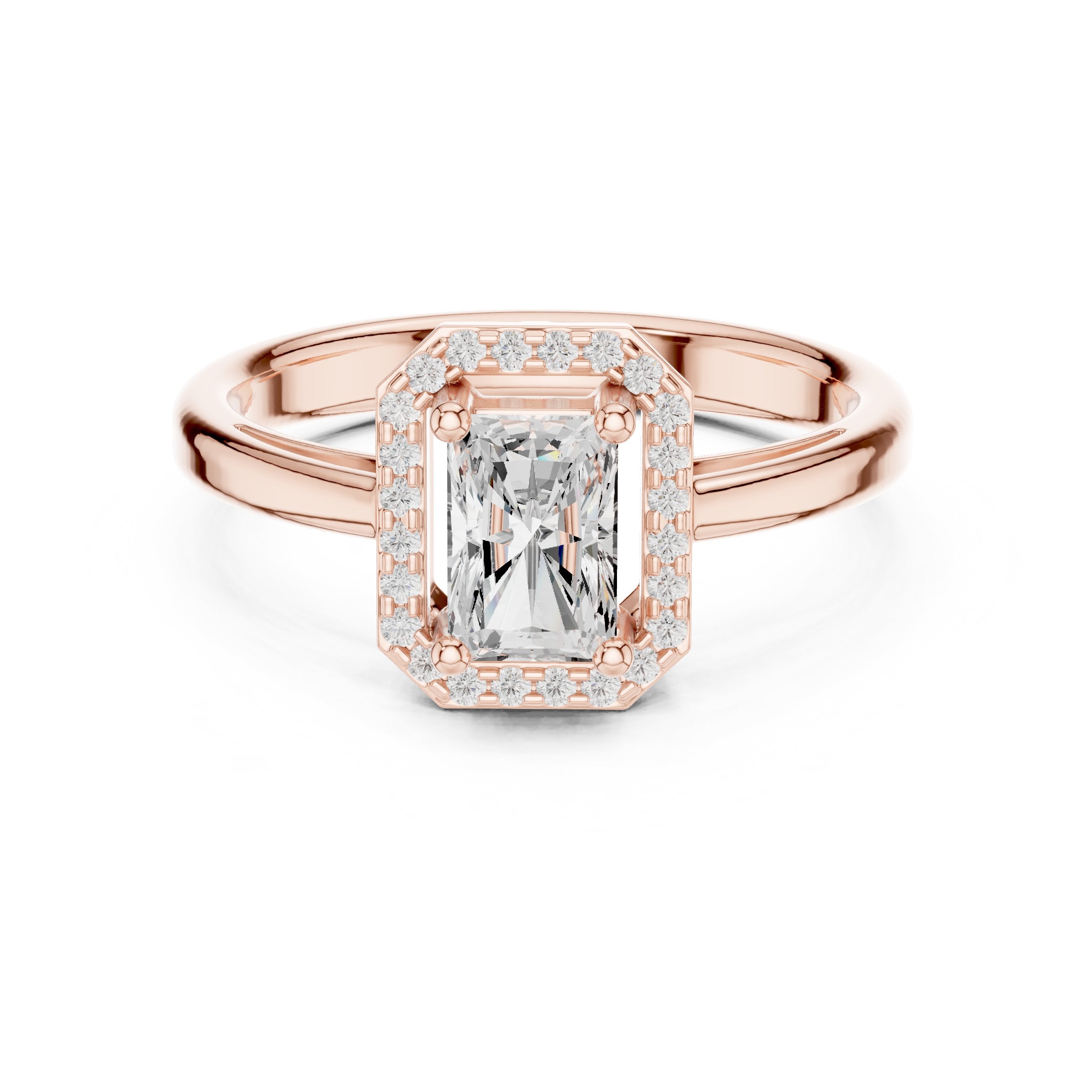 Radiant Cut Halo Engagement Ring with Open Split Shank in Rose Gold - VYKA Diamonds