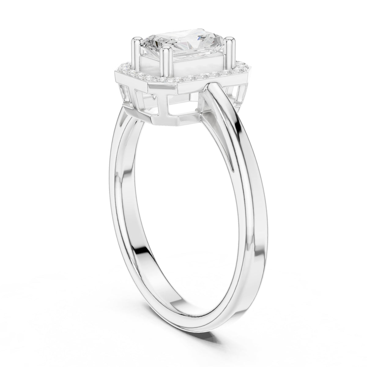 Radiant Cut Halo Engagement Ring with Open Split Shank