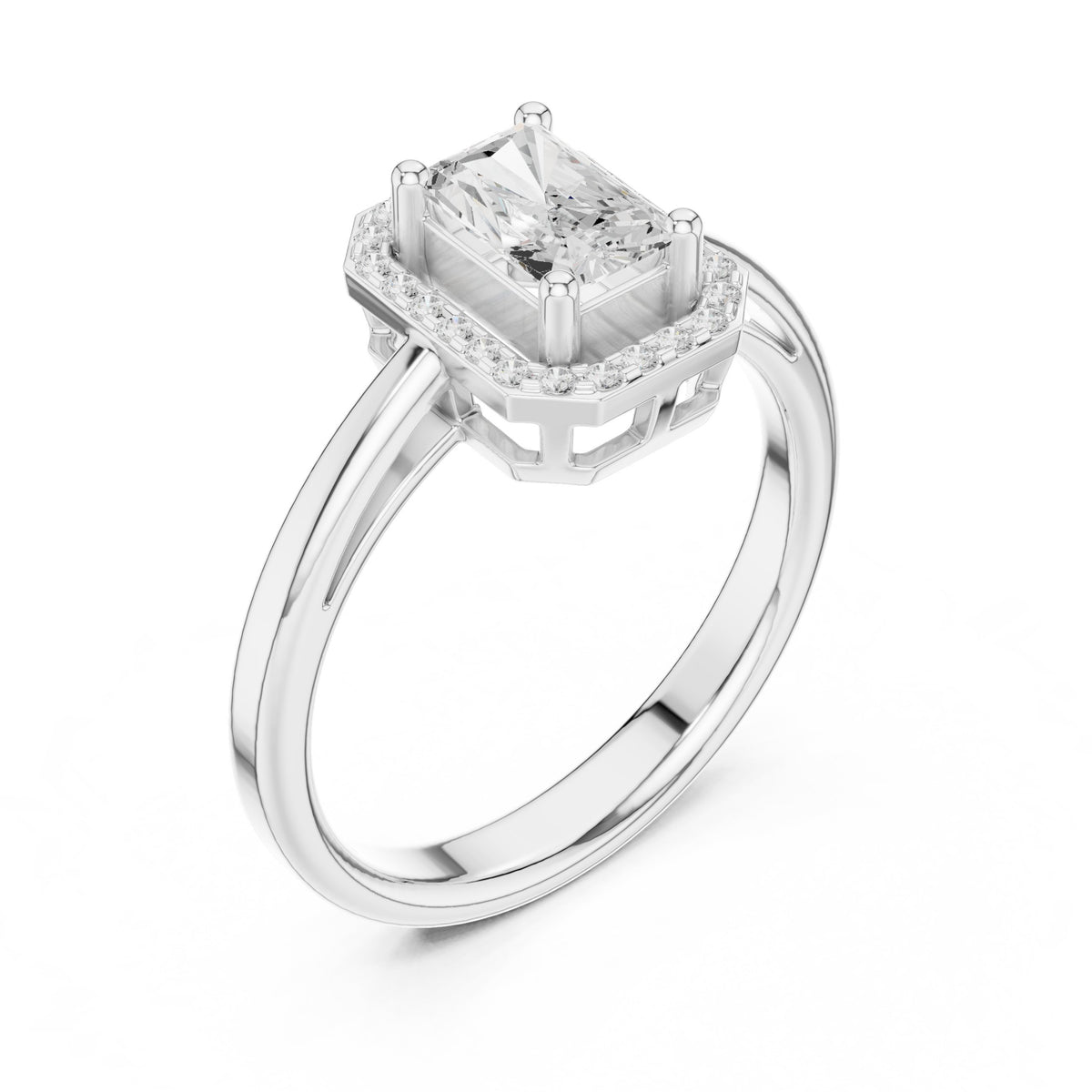 Radiant Cut Halo Engagement Ring with Open Split Shank