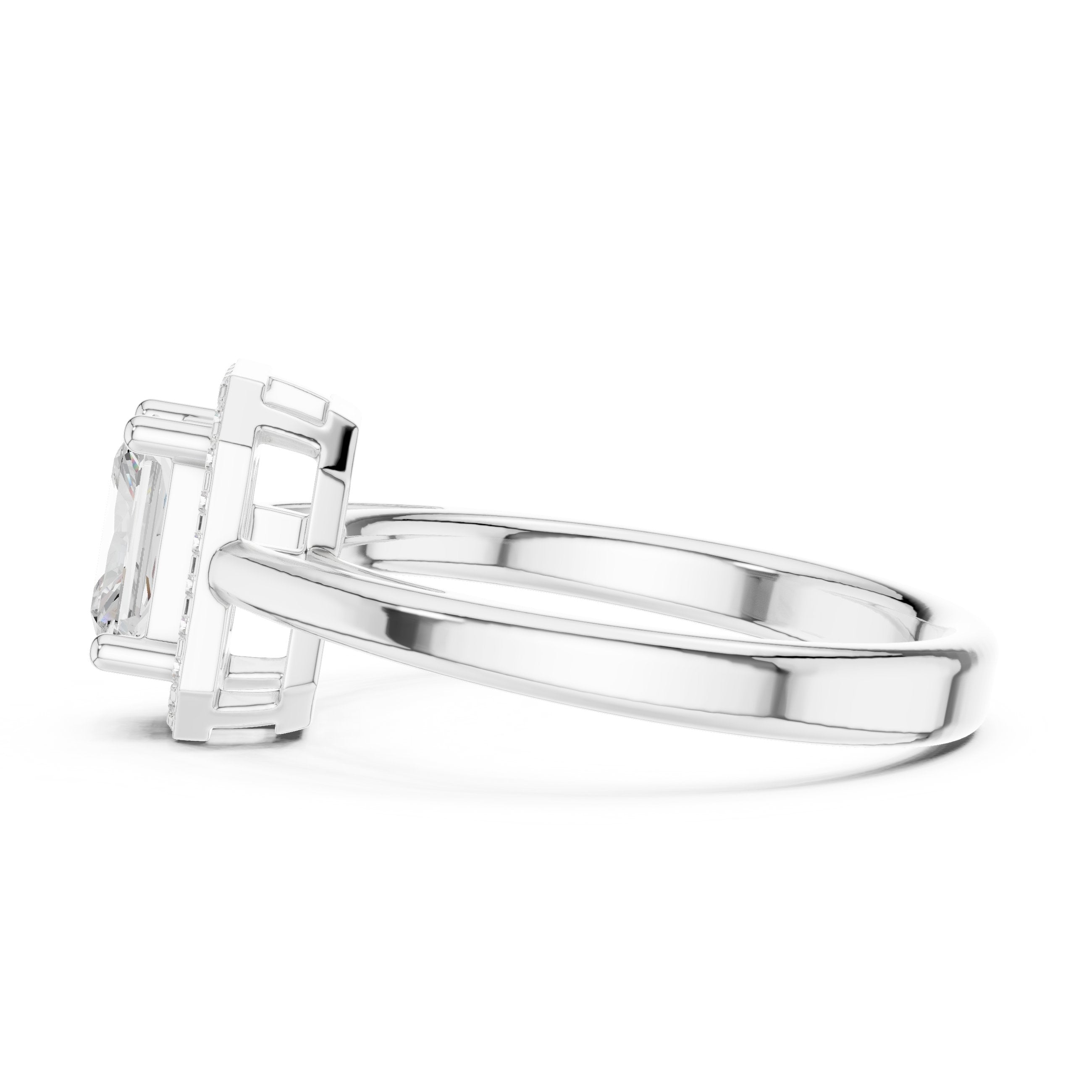 Radiant Cut Halo Engagement Ring with Open Split Shank in White Gold - VYKA Diamonds