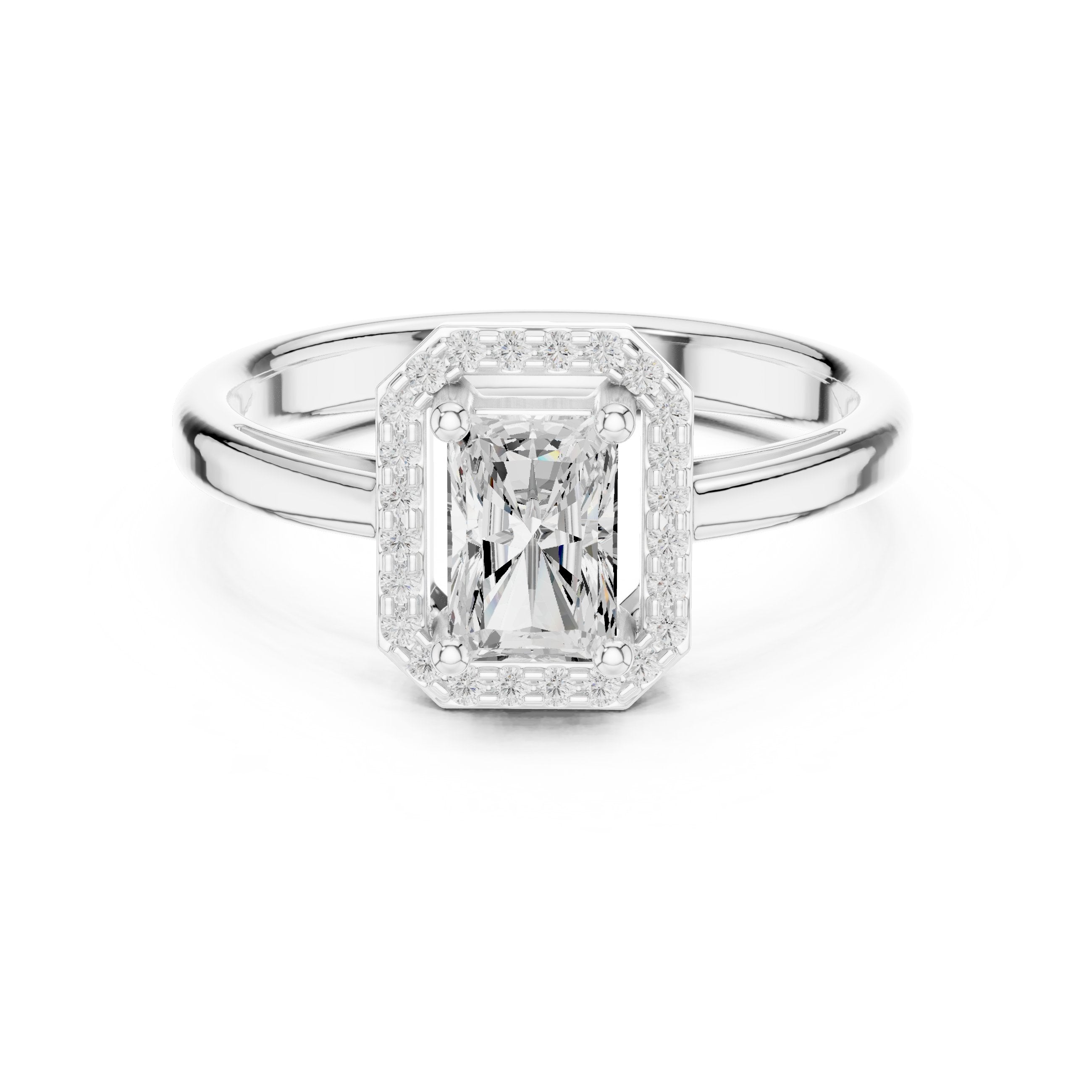 Radiant Cut Halo Engagement Ring with Open Split Shank in White Gold - VYKA Diamonds