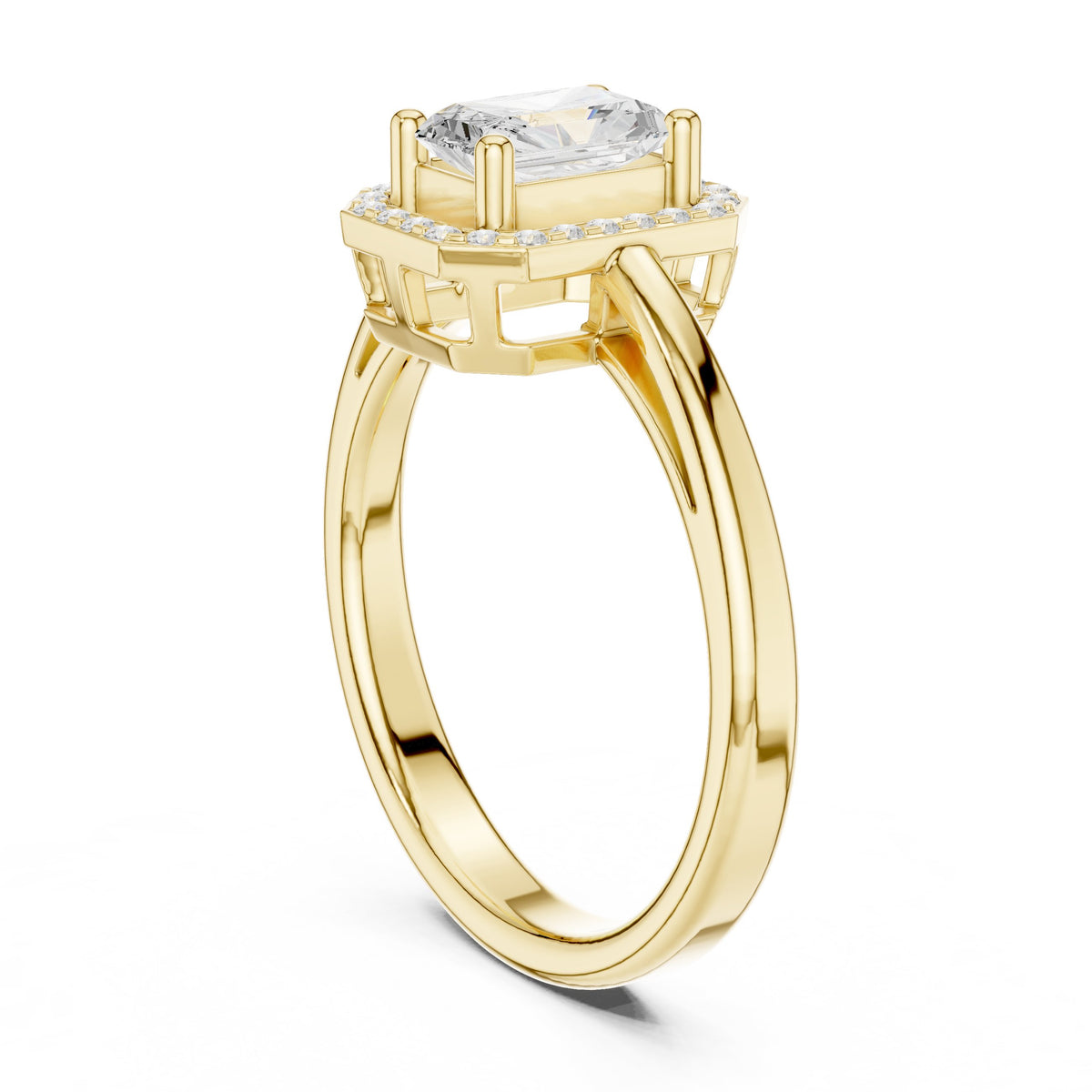 Radiant Cut Halo Engagement Ring with Open Split Shank