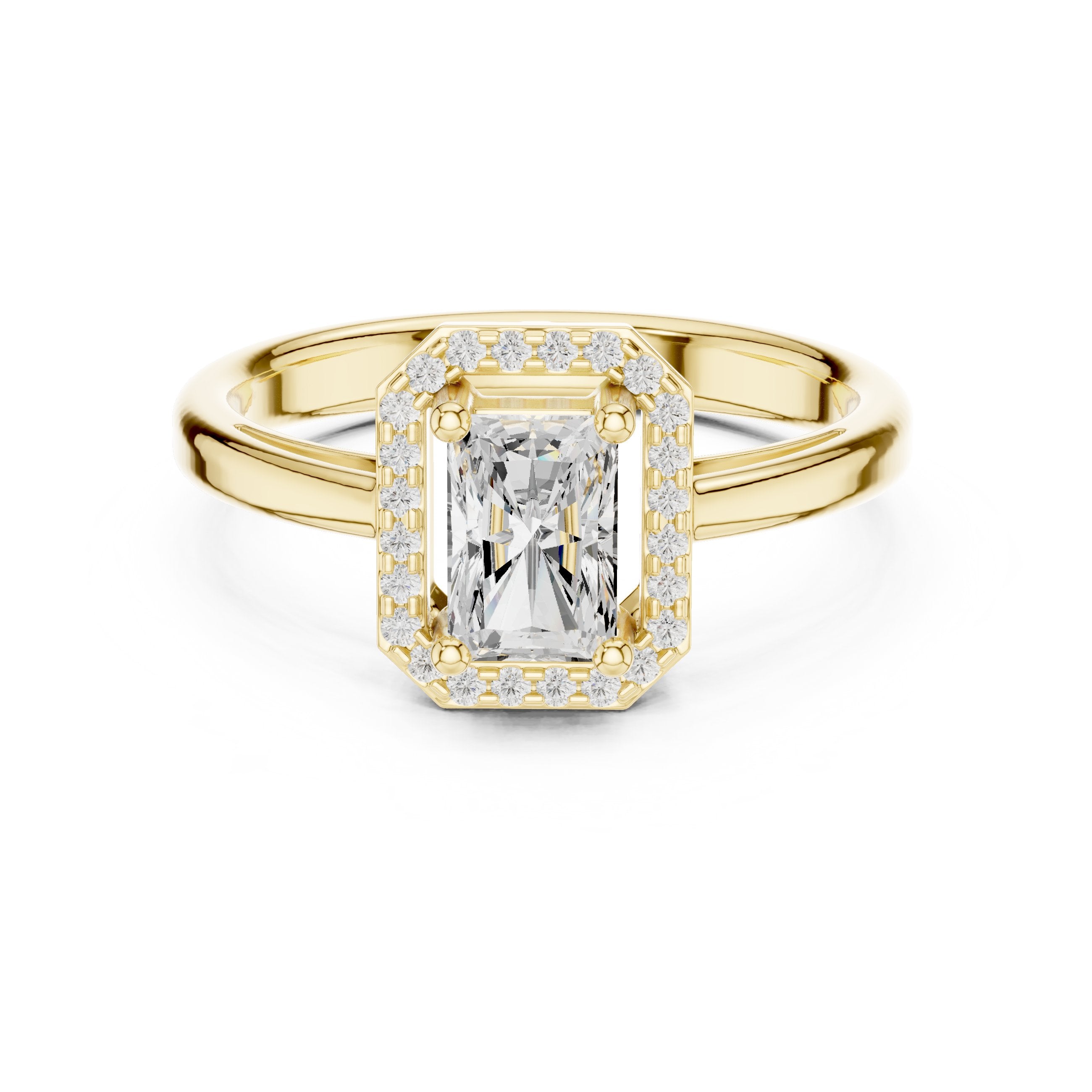 Radiant Cut Halo Engagement Ring with Open Split Shank in Yellow Gold - VYKA Diamonds