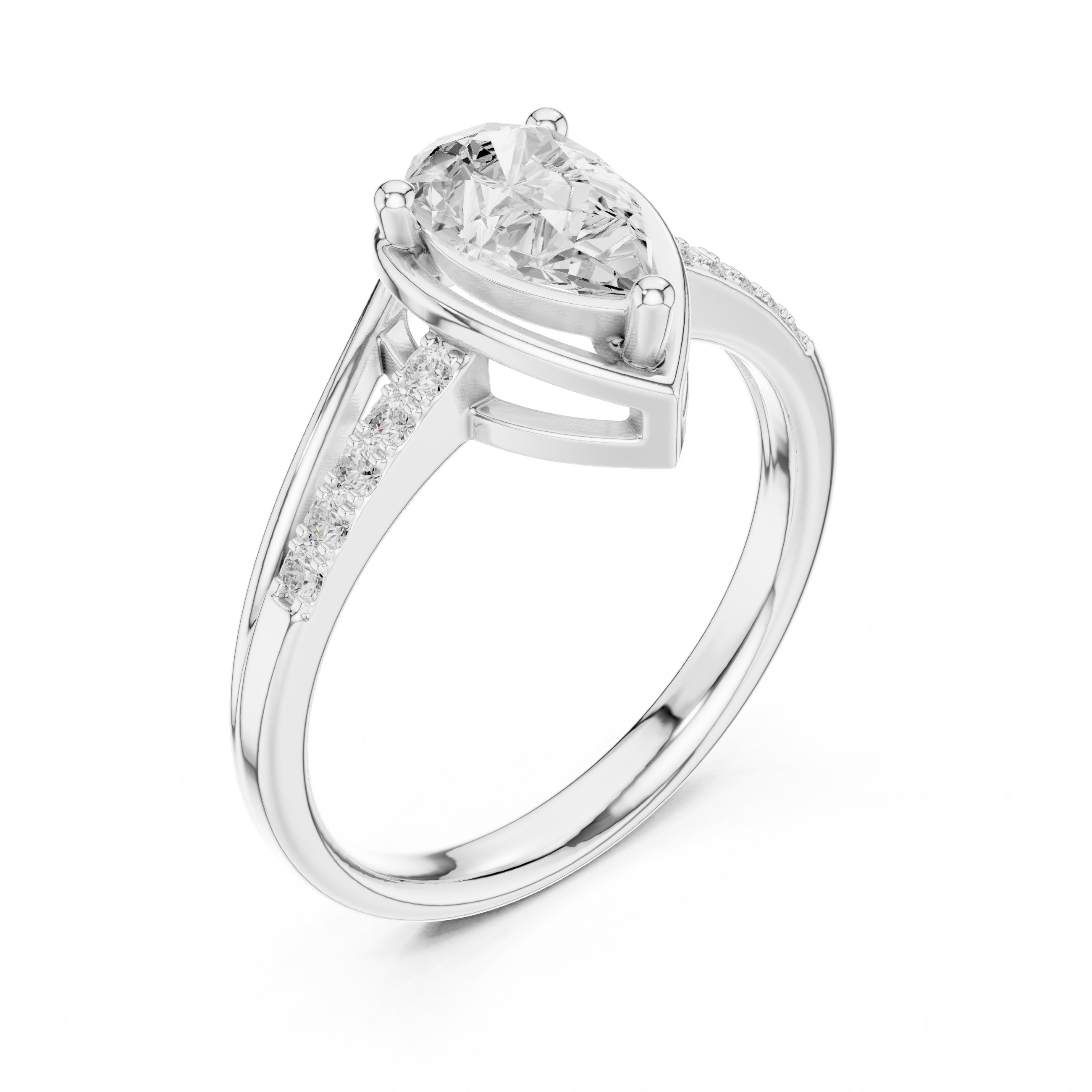 Pear Diamond Bezel Set Engagement Ring with Pavé Band in White Gold - VYKA Diamonds