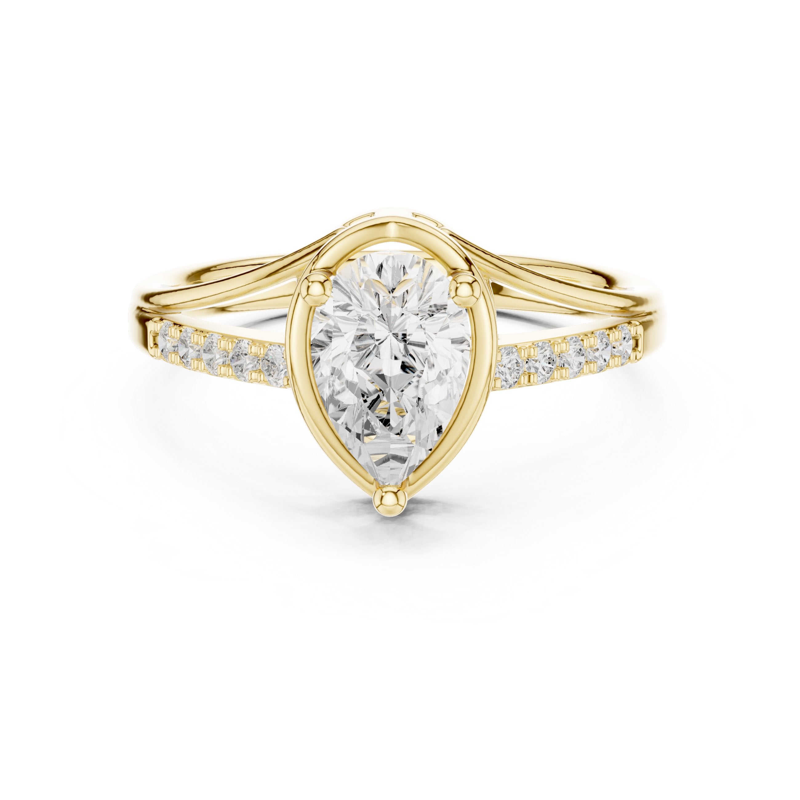 Pear Diamond Bezel Set Engagement Ring with Pavé Band in Yellow Gold - VYKA Diamonds