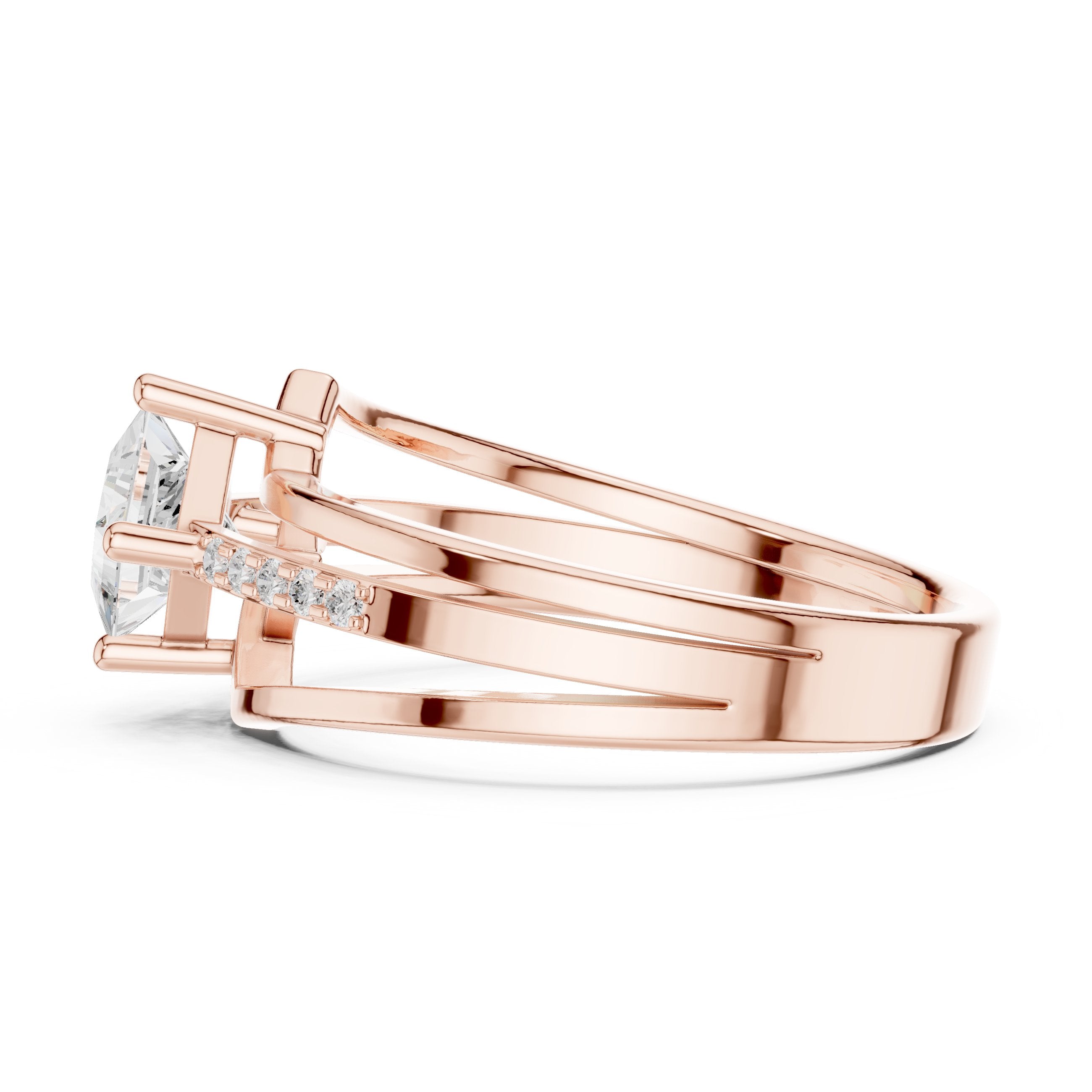 Kite Princess Cut Engagement Ring with Double Band Split Shank Pavé in Rose Gold - VYKA Diamonds