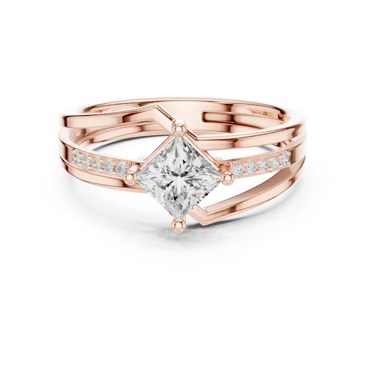 Kite Princess Cut Engagement Ring with Double Band Split Shank Pavé