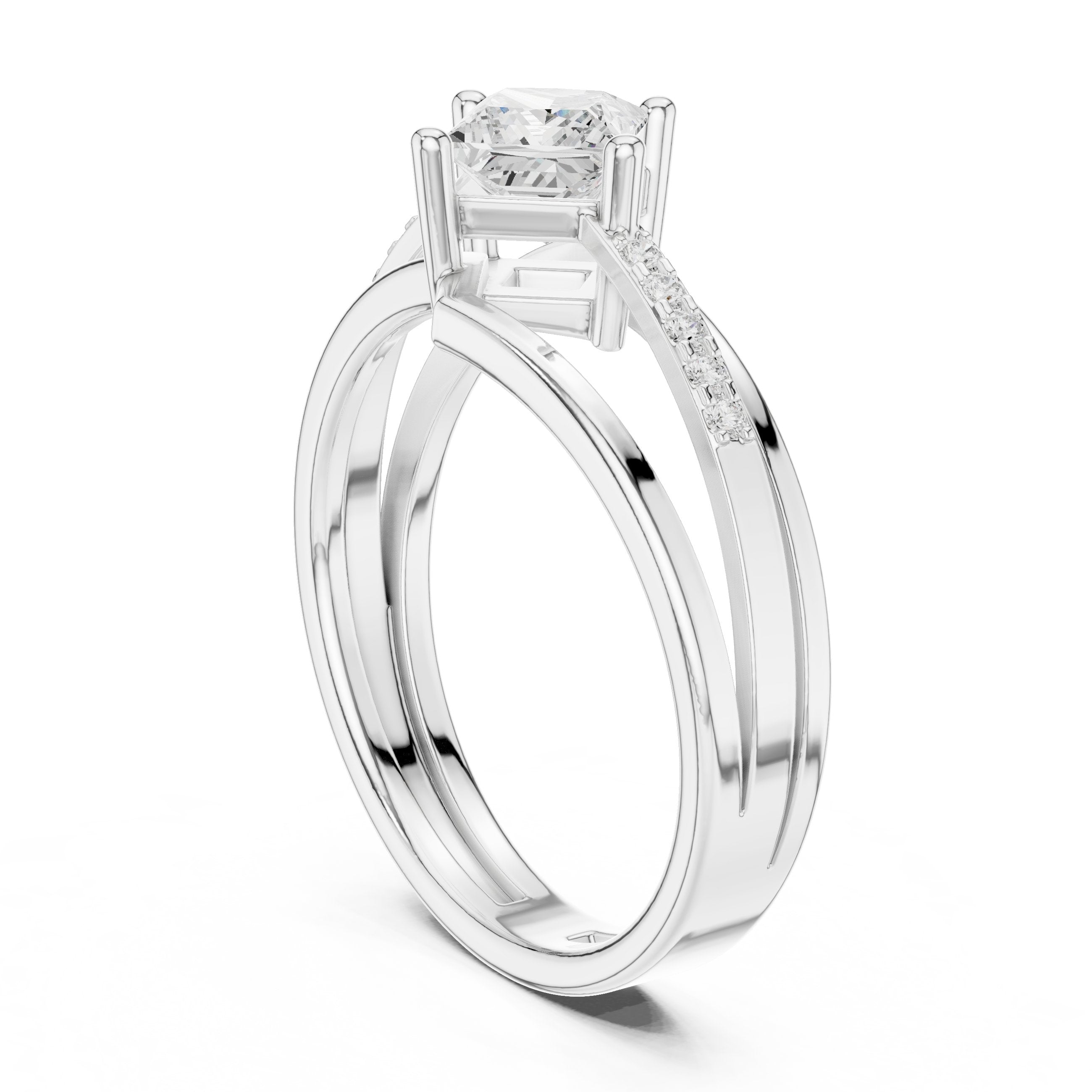 Kite Princess Cut Engagement Ring with Double Band Split Shank Pavé in White Gold - VYKA Diamonds