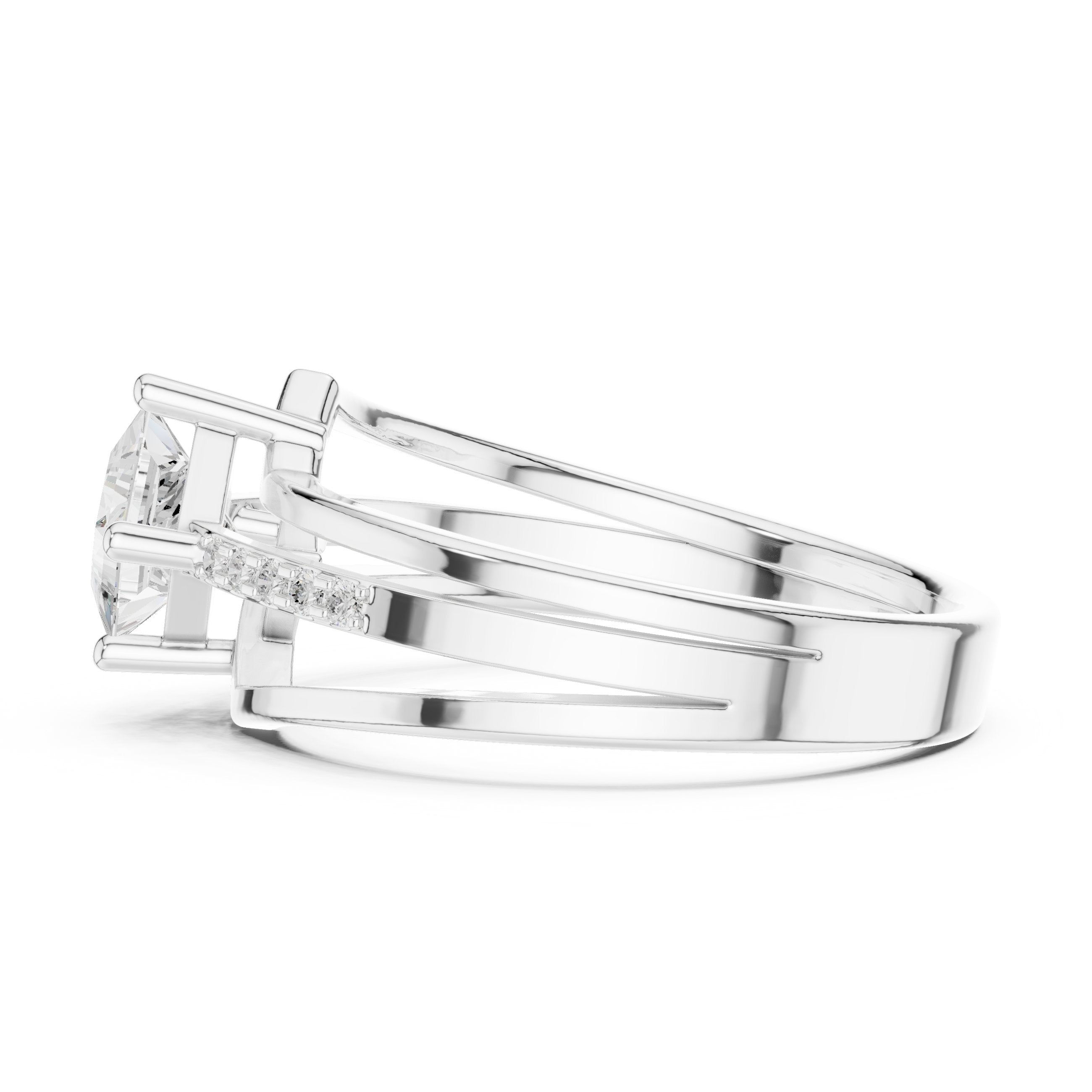 Kite Princess Cut Engagement Ring with Double Band Split Shank Pavé in White Gold - VYKA Diamonds