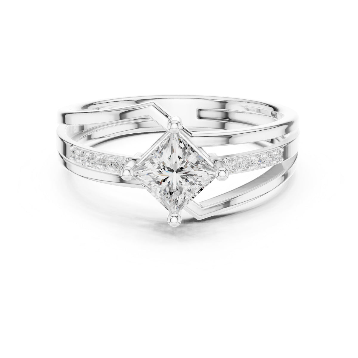 Kite Princess Cut Engagement Ring with Double Band Split Shank Pavé