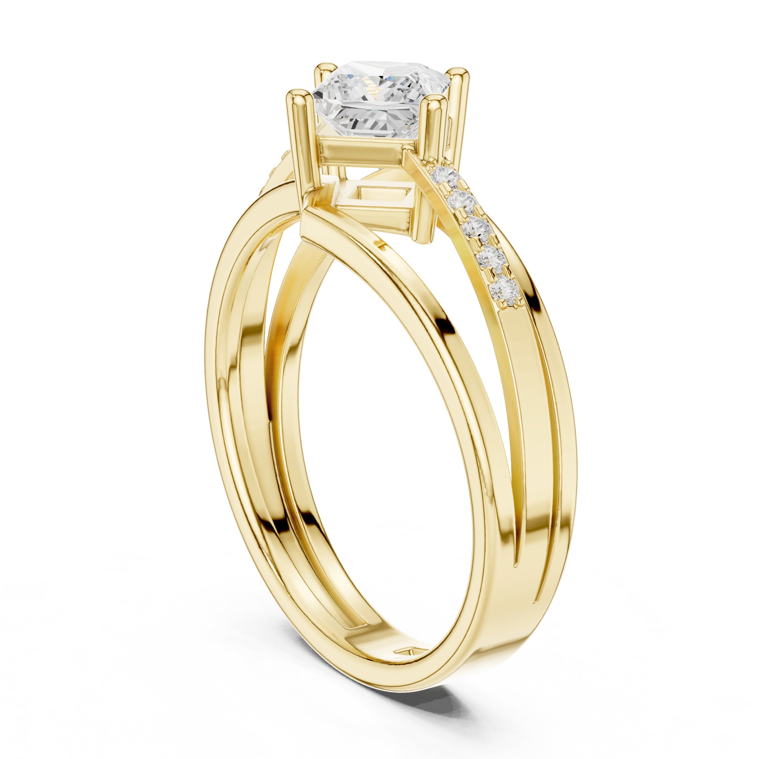 Kite Princess Cut Engagement Ring with Double Band Split Shank Pavé in Yellow Gold - VYKA Diamonds