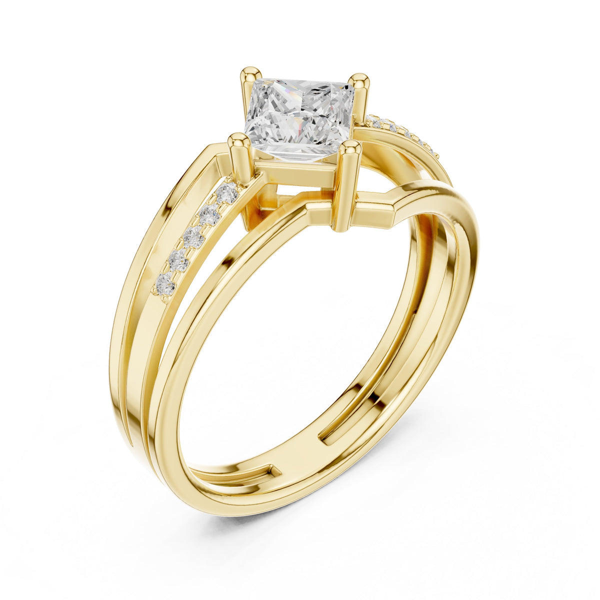 Kite Princess Cut Engagement Ring with Double Band Split Shank Pavé