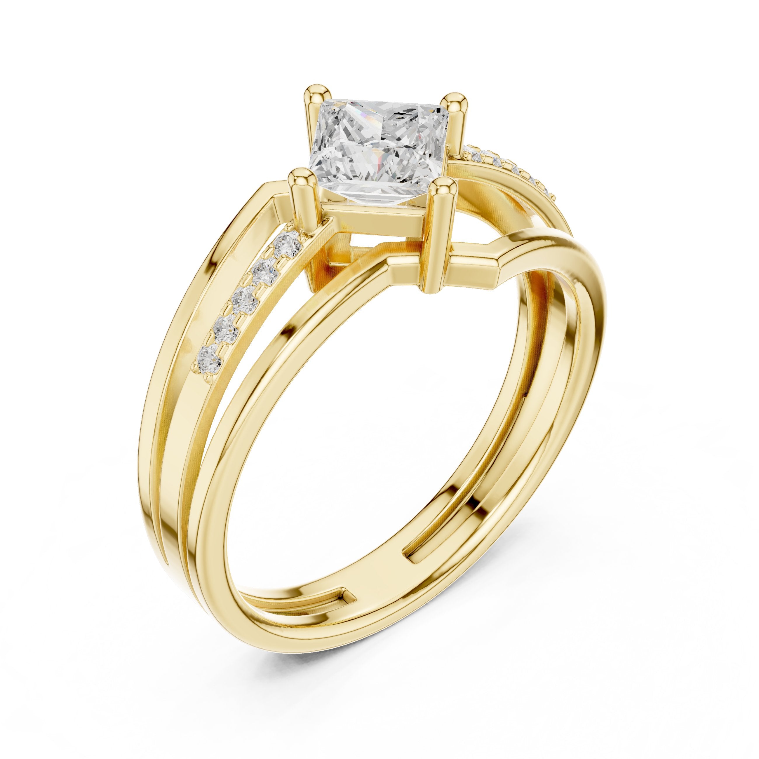 Kite Princess Cut Engagement Ring with Double Band Split Shank Pavé in Yellow Gold - VYKA Diamonds