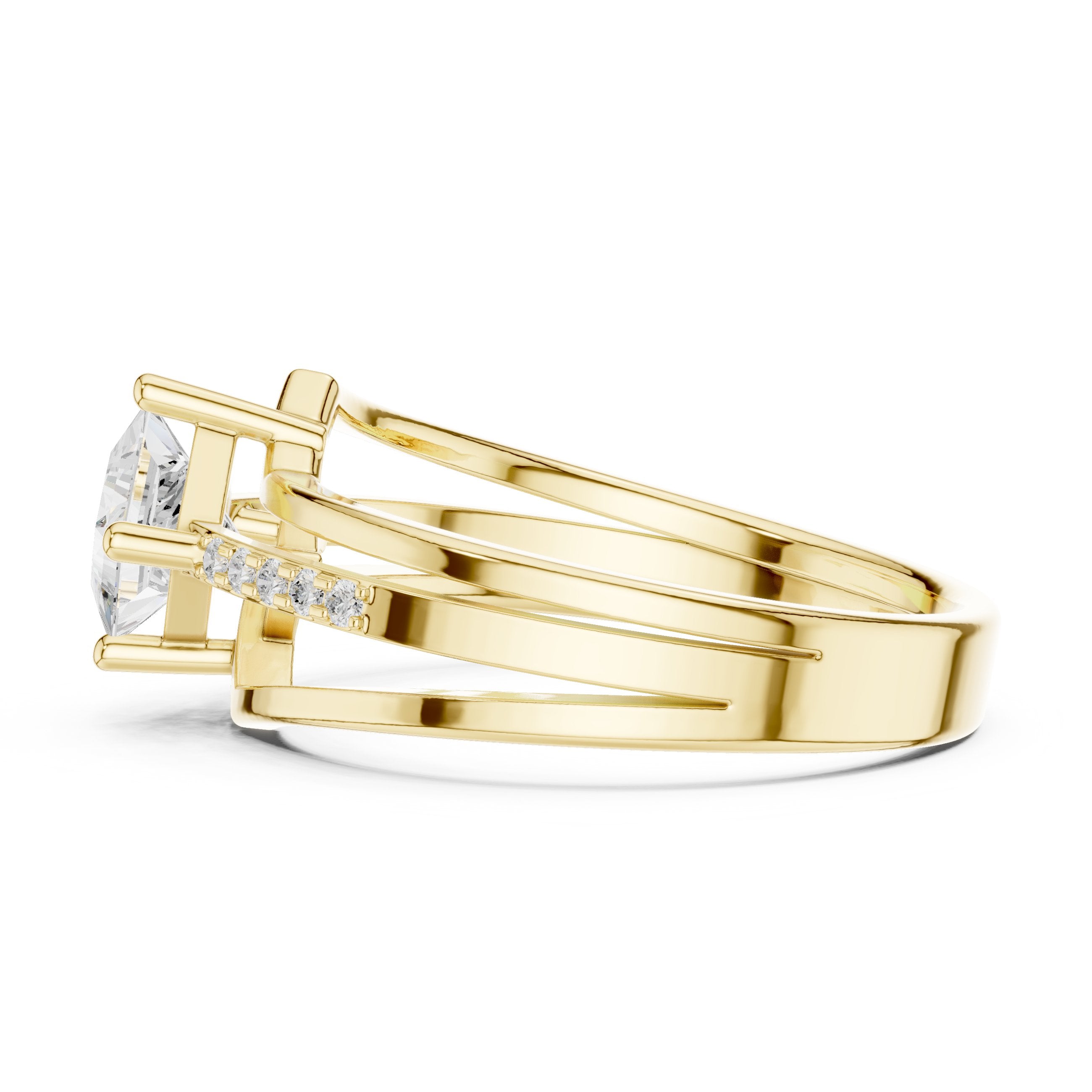 Kite Princess Cut Engagement Ring with Double Band Split Shank Pavé in Yellow Gold - VYKA Diamonds