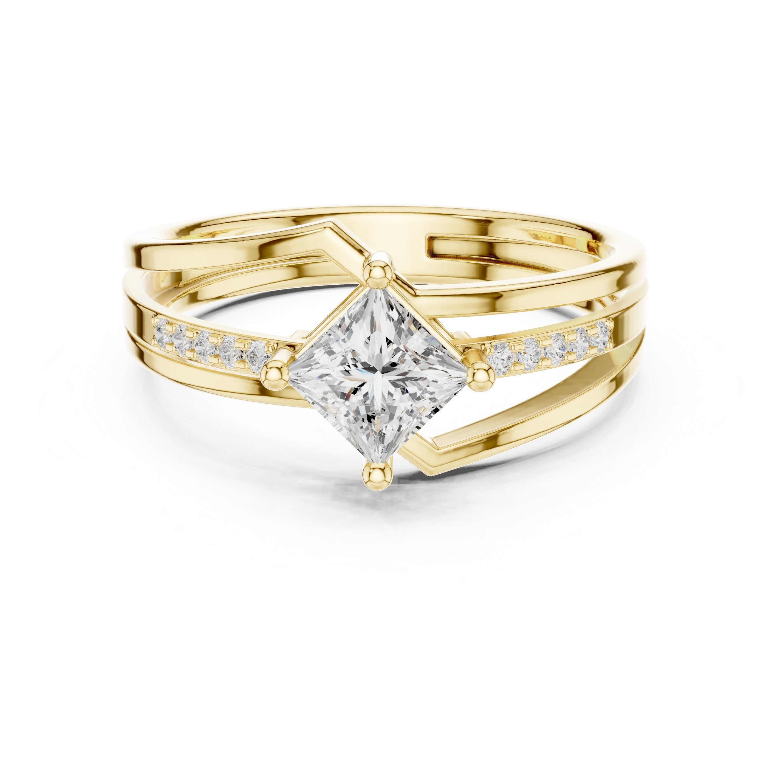 Kite Princess Cut Engagement Ring with Double Band Split Shank Pavé in Yellow Gold - VYKA Diamonds