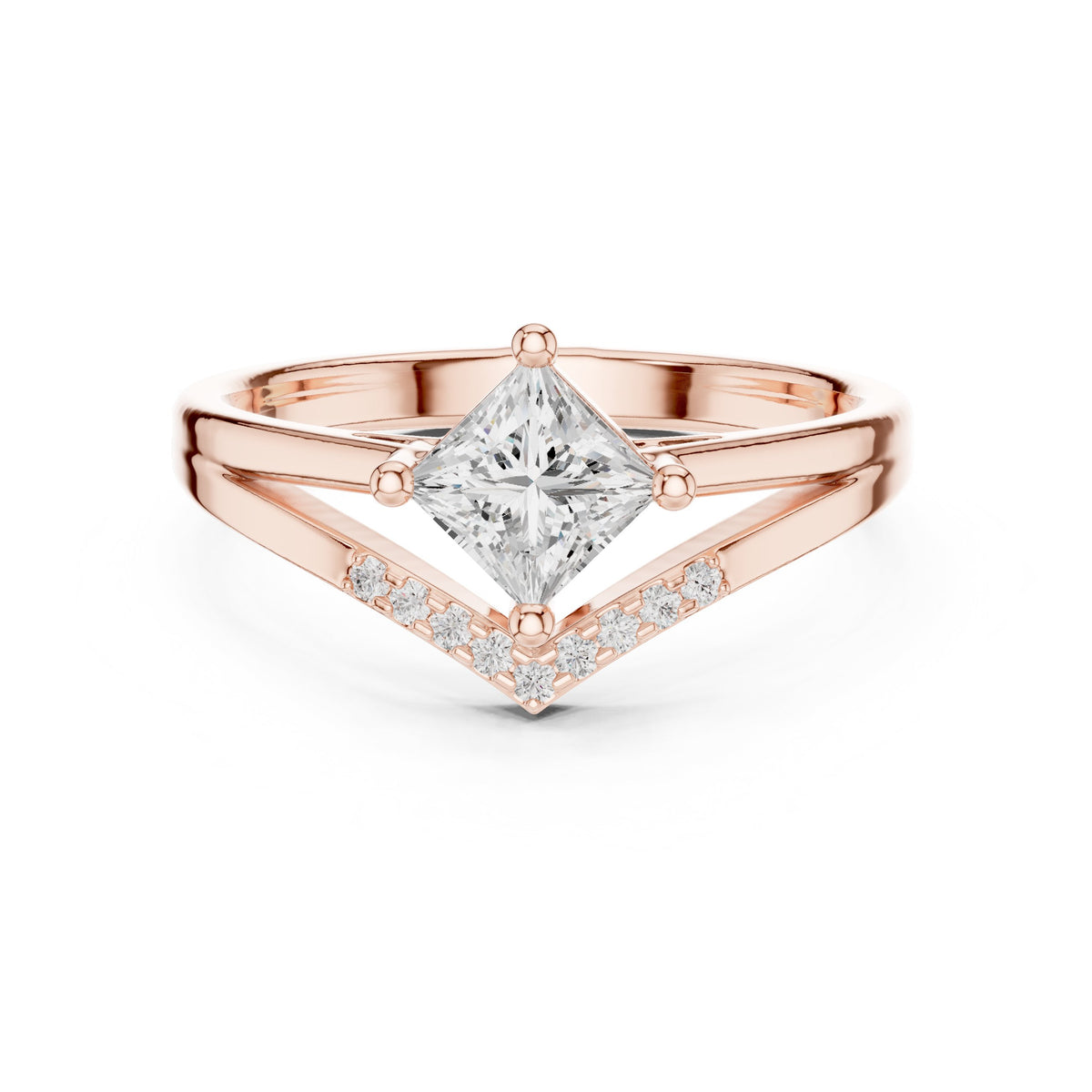 Kite Princess Cut Engagement Ring with Pavé Chevron Band
