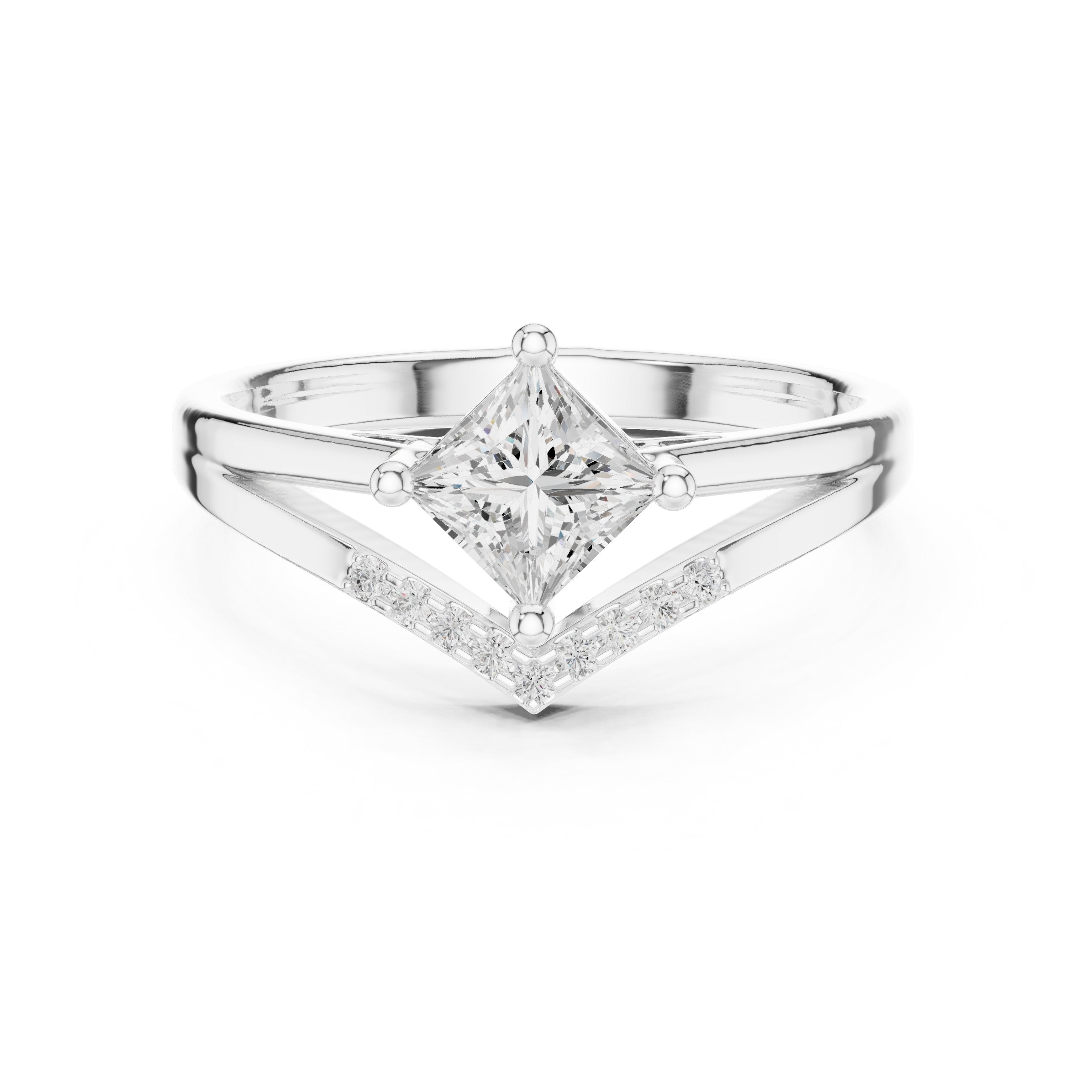 Kite Princess Cut Engagement Ring with Pavé Chevron Band in White Gold - VYKA Diamonds