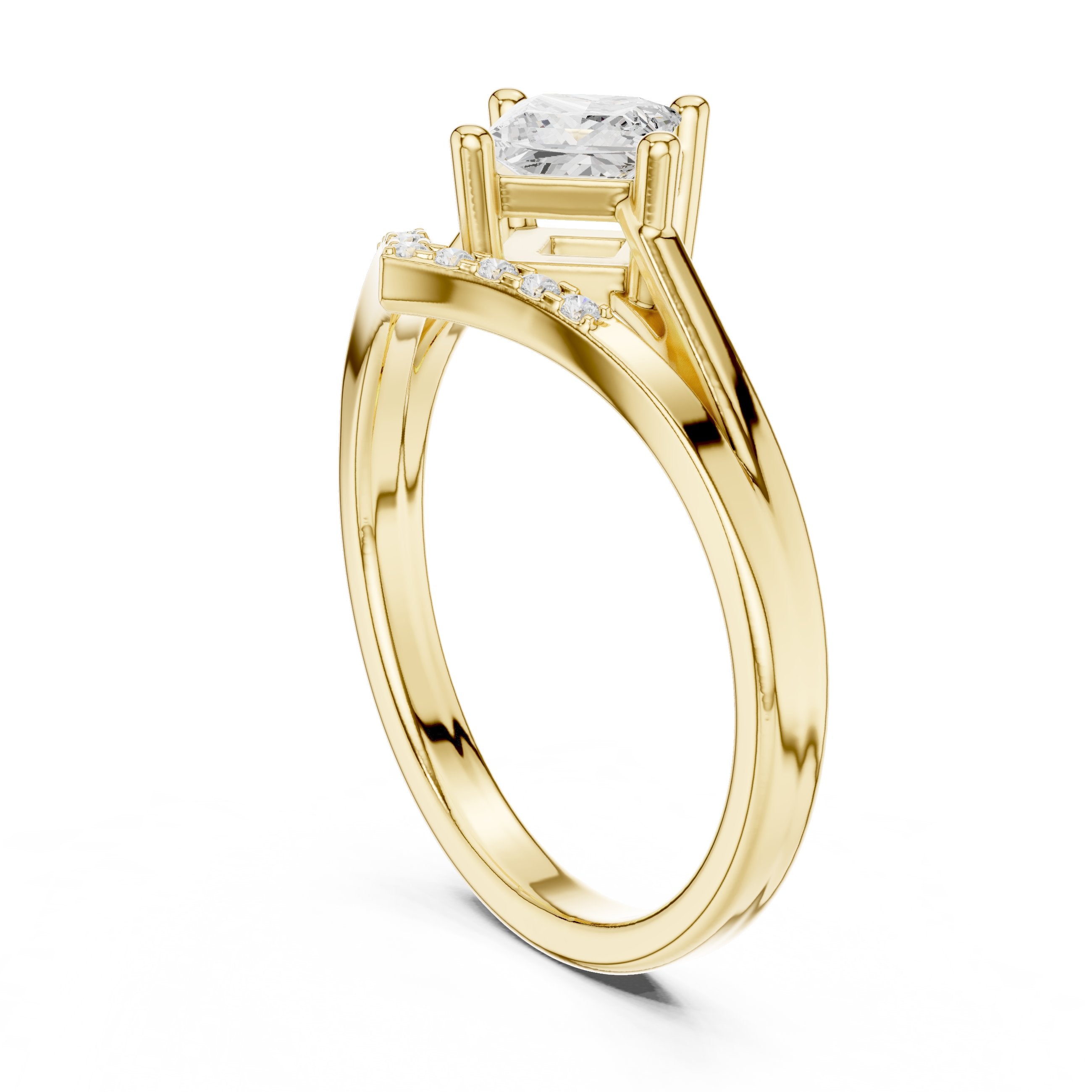 Kite Princess Cut Engagement Ring with Pavé Chevron Band in Yellow Gold - VYKA Diamonds
