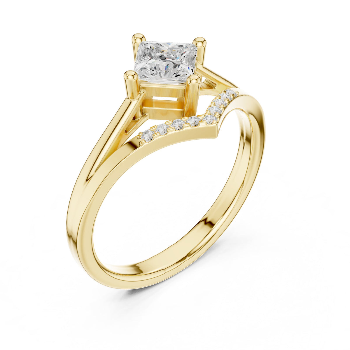 Kite Princess Cut Engagement Ring with Pavé Chevron Band