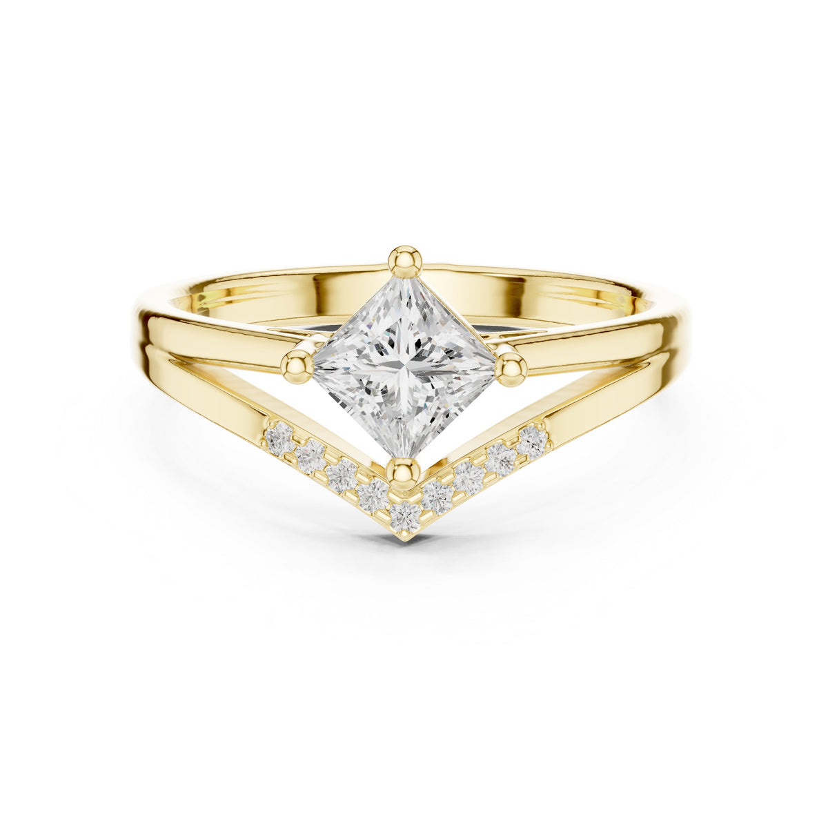 Kite Princess Cut Engagement Ring with Pavé Chevron Band