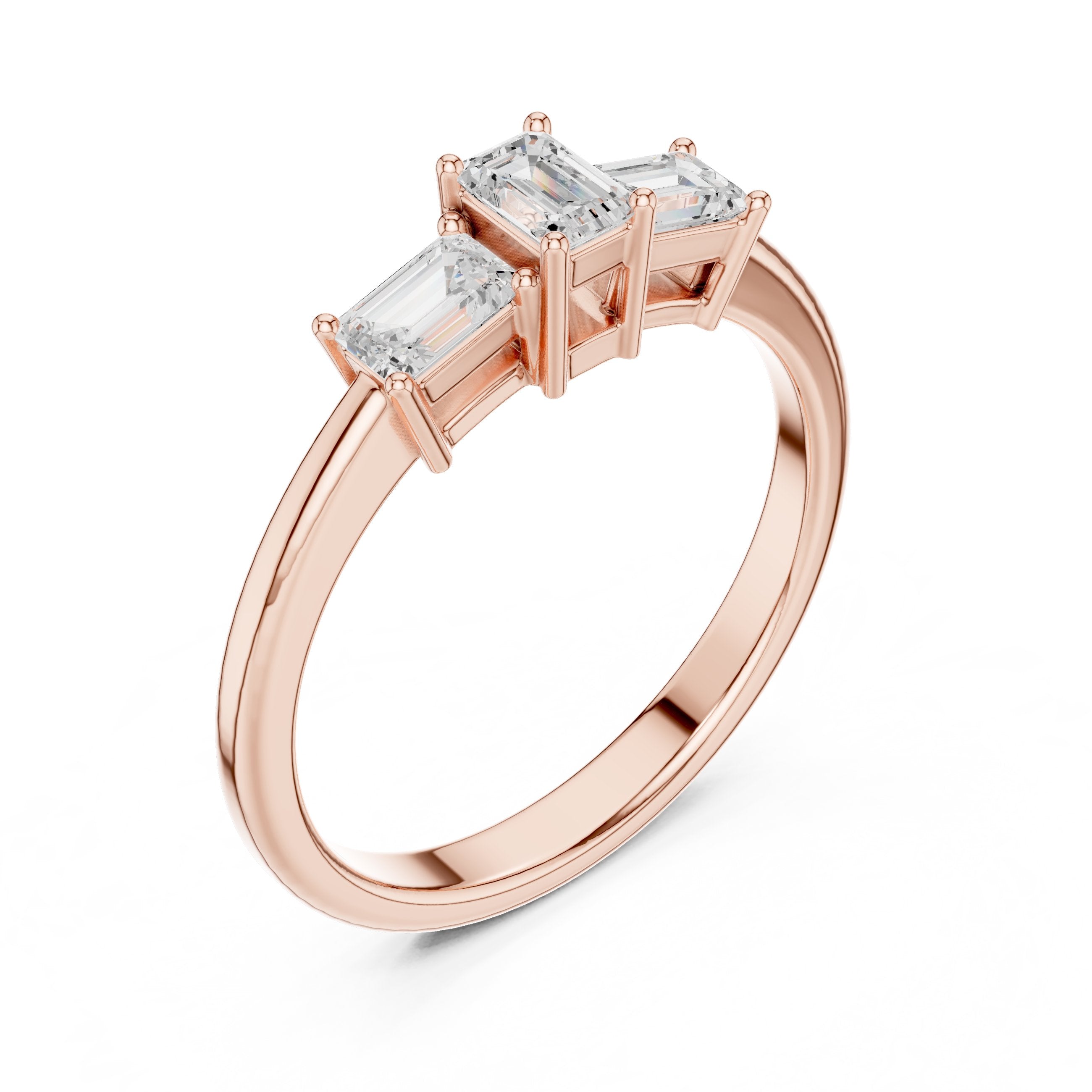 Emerald Cut Three Stone Engagement Ring in Rose Gold - VYKA Diamonds