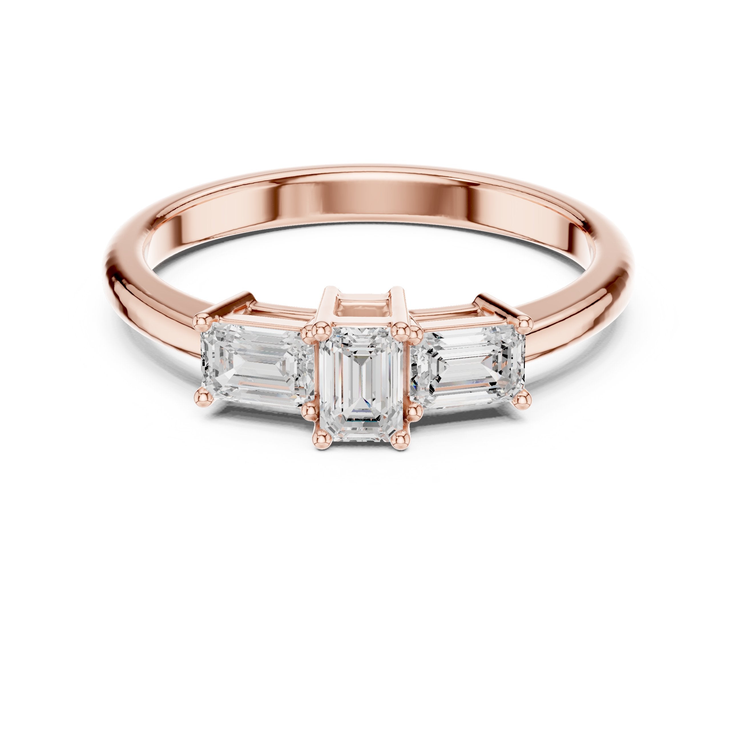 Emerald Cut Three Stone Engagement Ring in Rose Gold - VYKA Diamonds