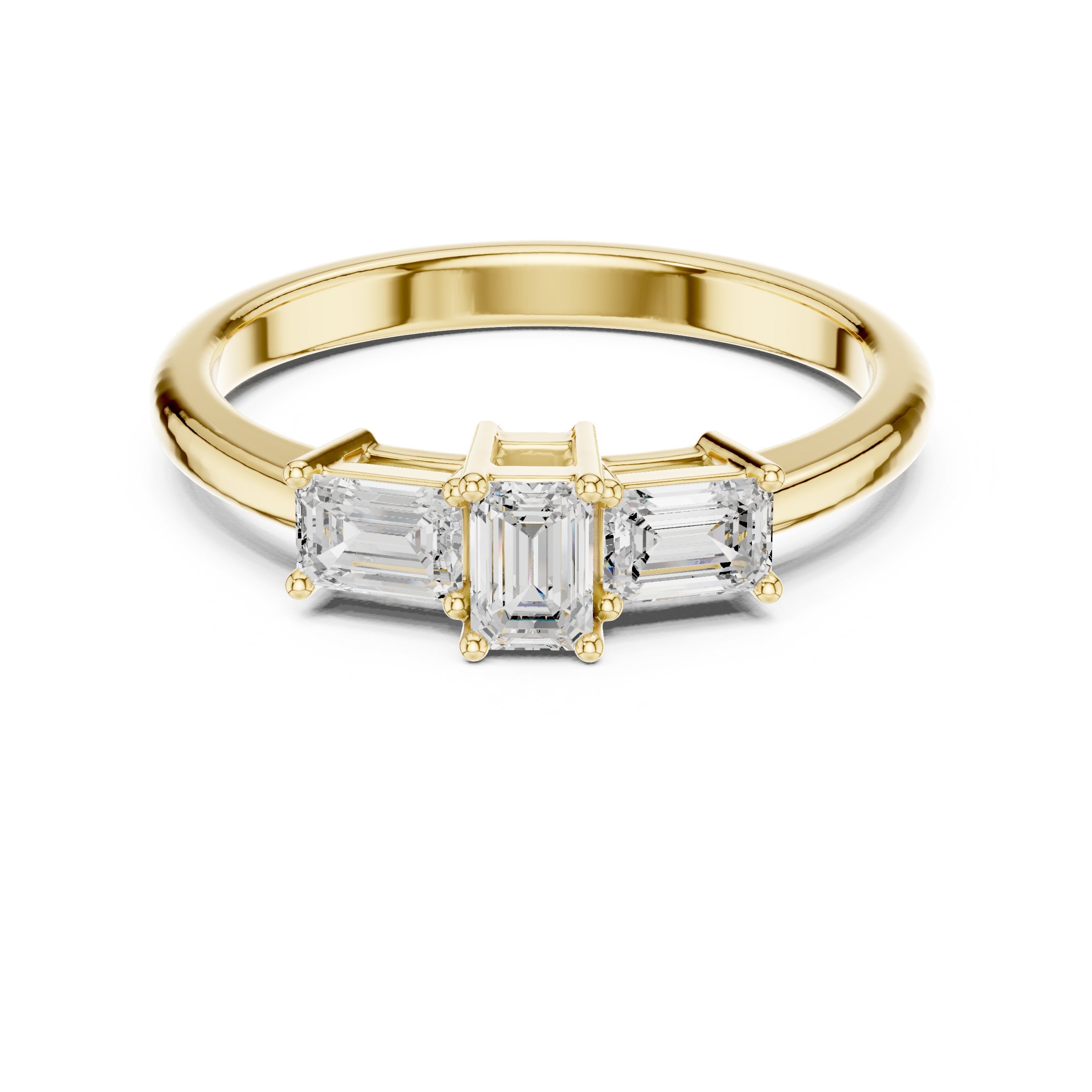 Emerald Cut Three Stone Engagement Ring in Yellow Gold - VYKA Diamonds