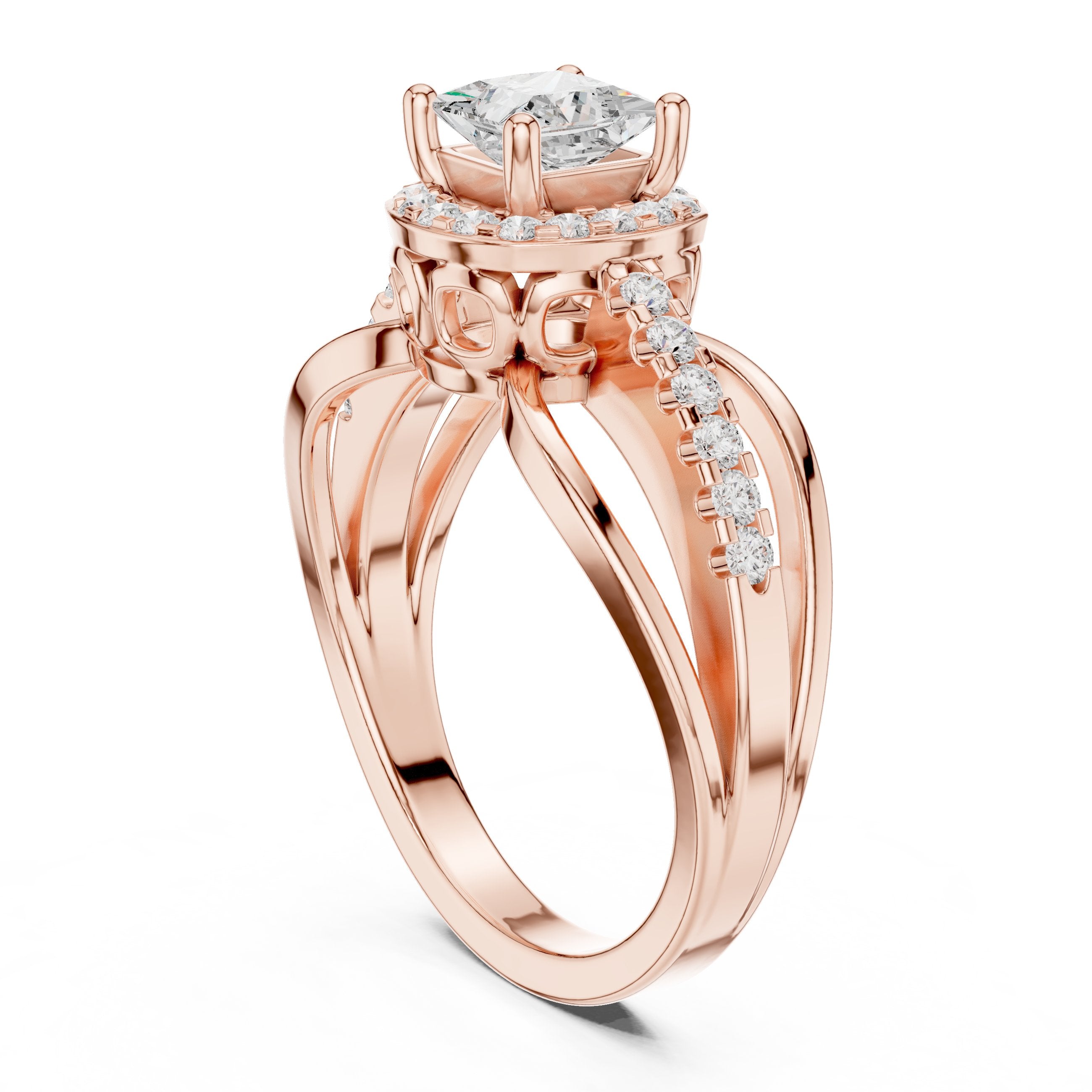 Kite Princess Cut Halo Engagement Ring with Bypass Pavé Band in Rose Gold - VYKA Diamonds