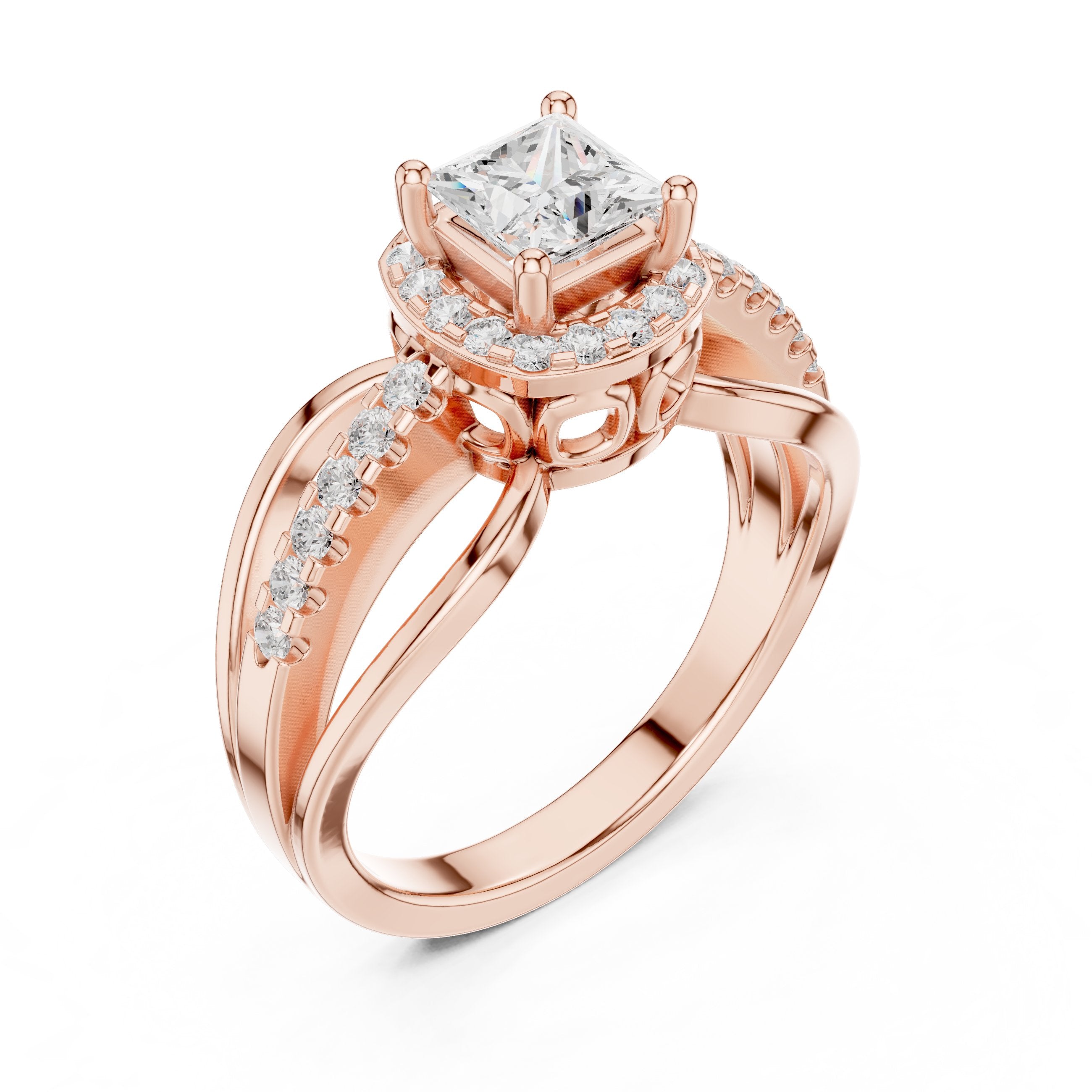 Kite Princess Cut Halo Engagement Ring with Bypass Pavé Band in Rose Gold - VYKA Diamonds