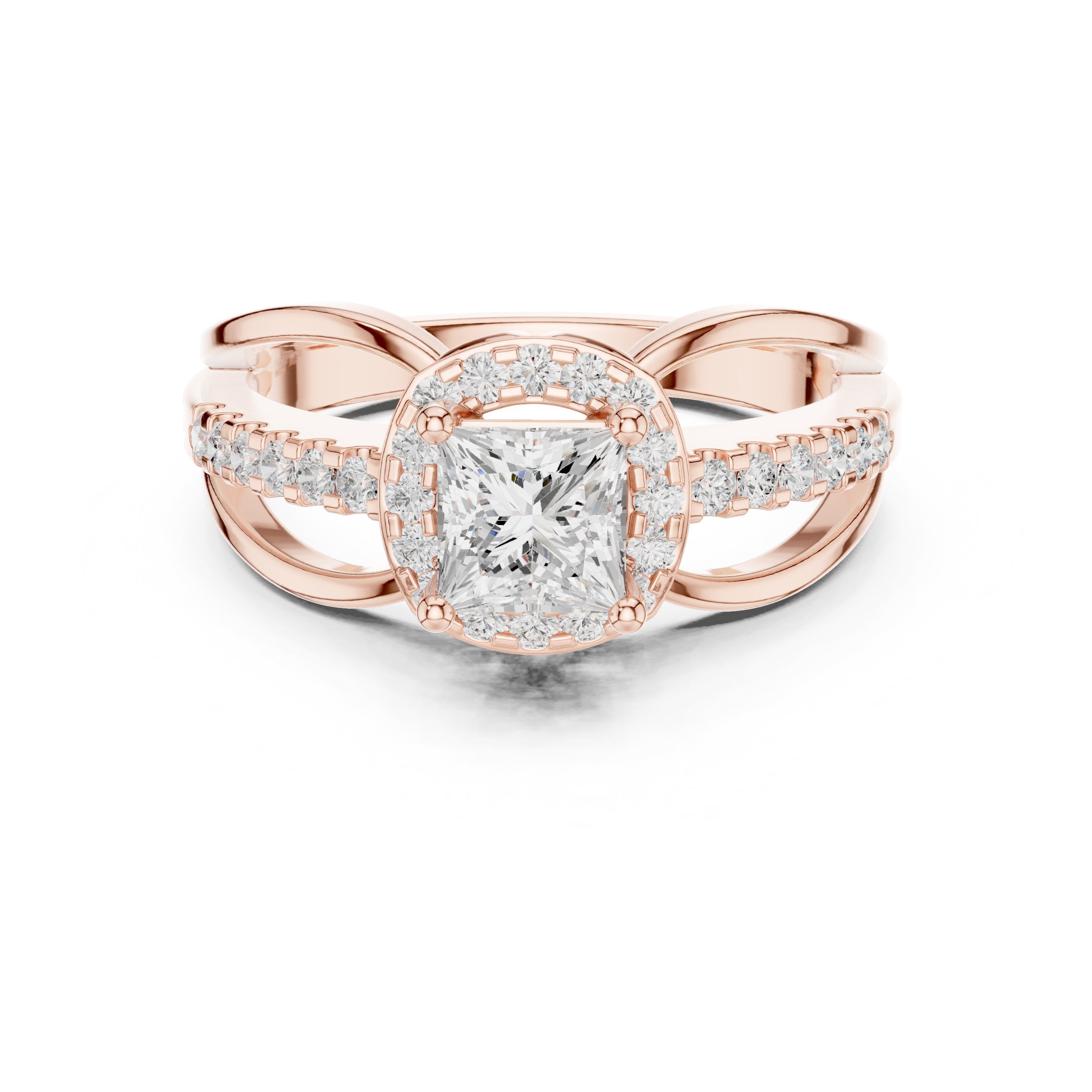 Kite Princess Cut Halo Engagement Ring with Bypass Pavé Band in Rose Gold - VYKA Diamonds