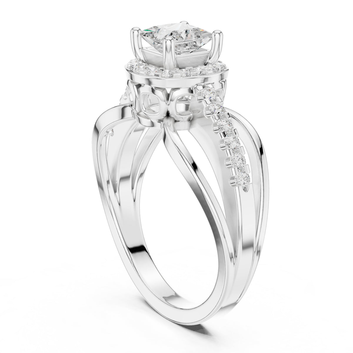 Kite Princess Cut Halo Engagement Ring with Bypass Pavé Band