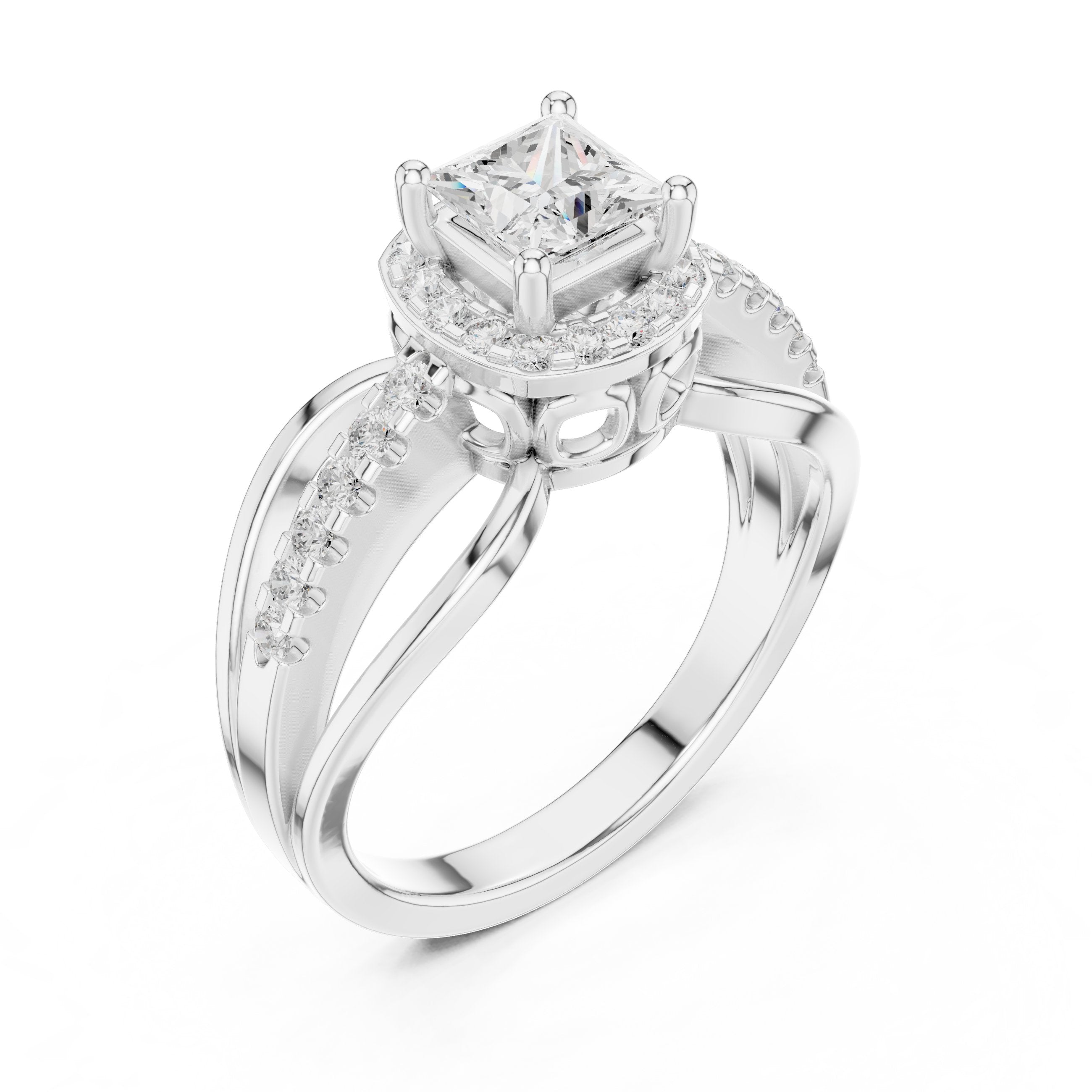Kite Princess Cut Halo Engagement Ring with Bypass Pavé Band in White Gold - VYKA Diamonds
