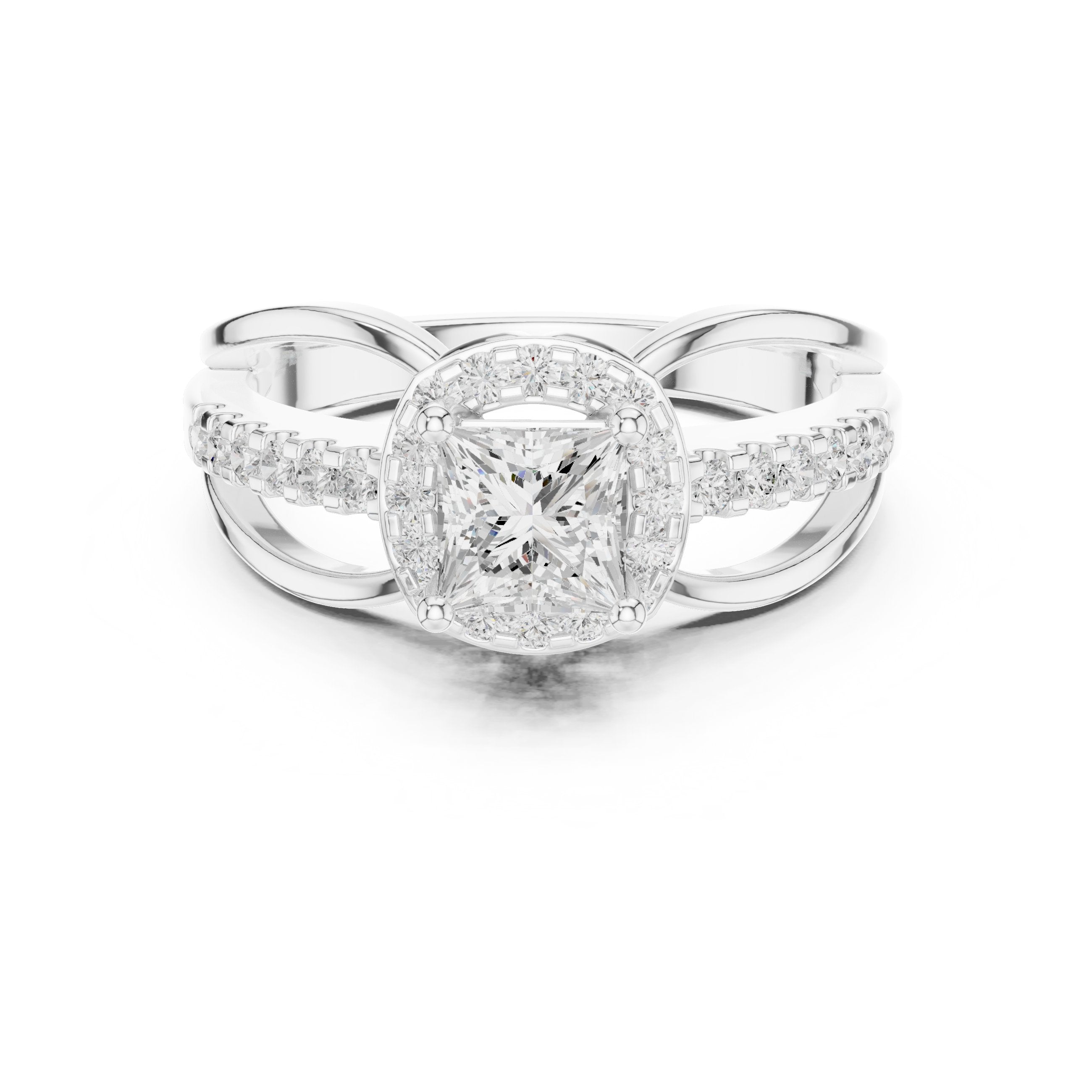 Kite Princess Cut Halo Engagement Ring with Bypass Pavé Band in White Gold - VYKA Diamonds