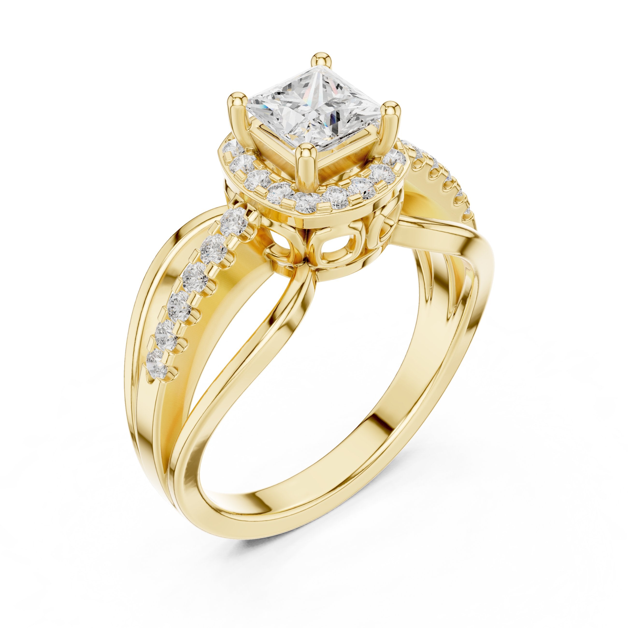 Kite Princess Cut Halo Engagement Ring with Bypass Pavé Band in Yellow Gold - VYKA Diamonds