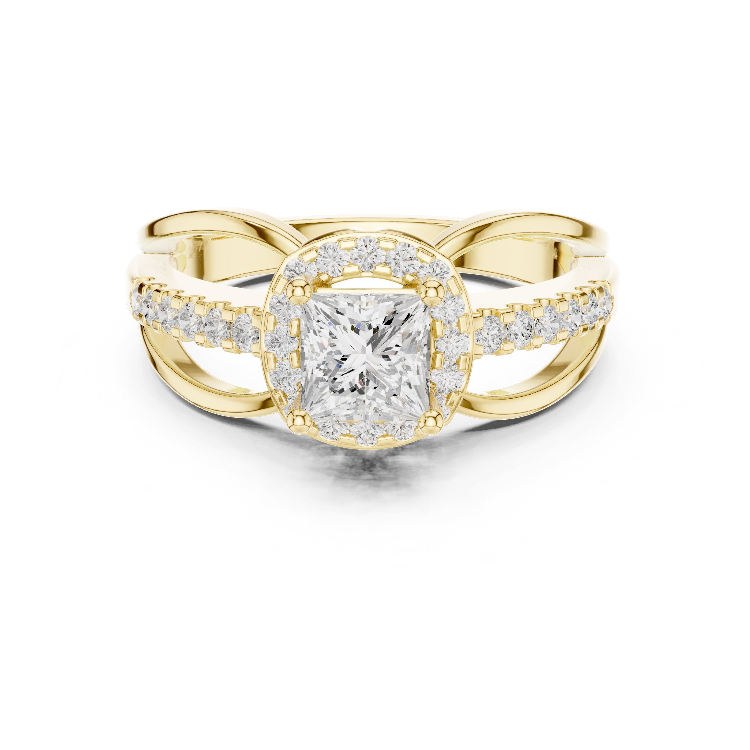 Kite Princess Cut Halo Engagement Ring with Bypass Pavé Band in Yellow Gold - VYKA Diamonds